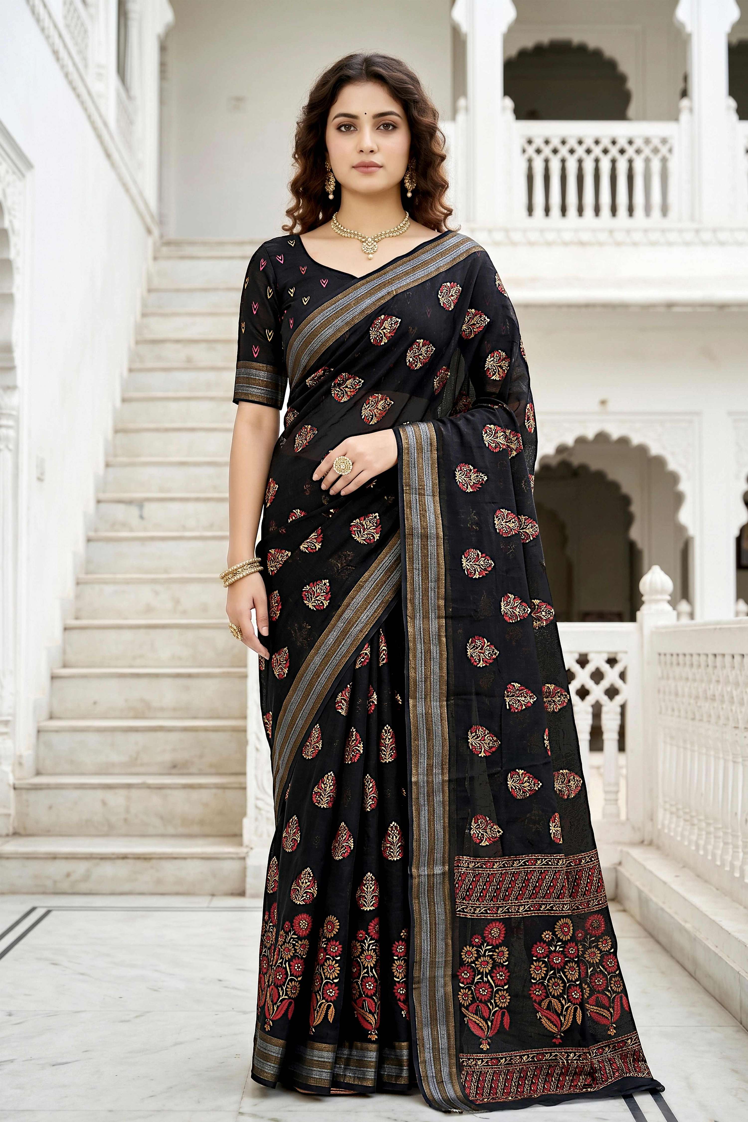 Sangam Prints Black Cotton Print Woven Work Traditional Saree - Dista