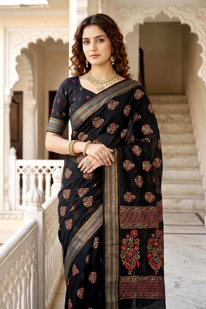 Sangam Prints Black Cotton Print Woven Work Traditional Saree - Dista