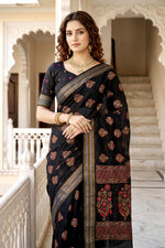 Thumbnail for Sangam Prints Black Cotton Print Woven Work Traditional Saree - Dista