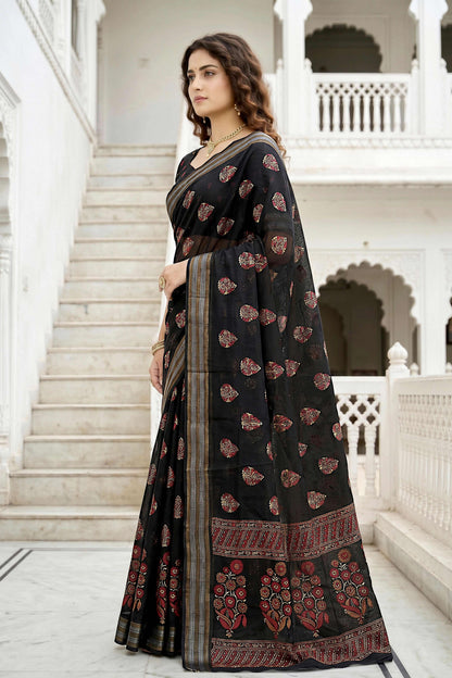 Sangam Prints Black Cotton Print Woven Work Traditional Saree - Dista
