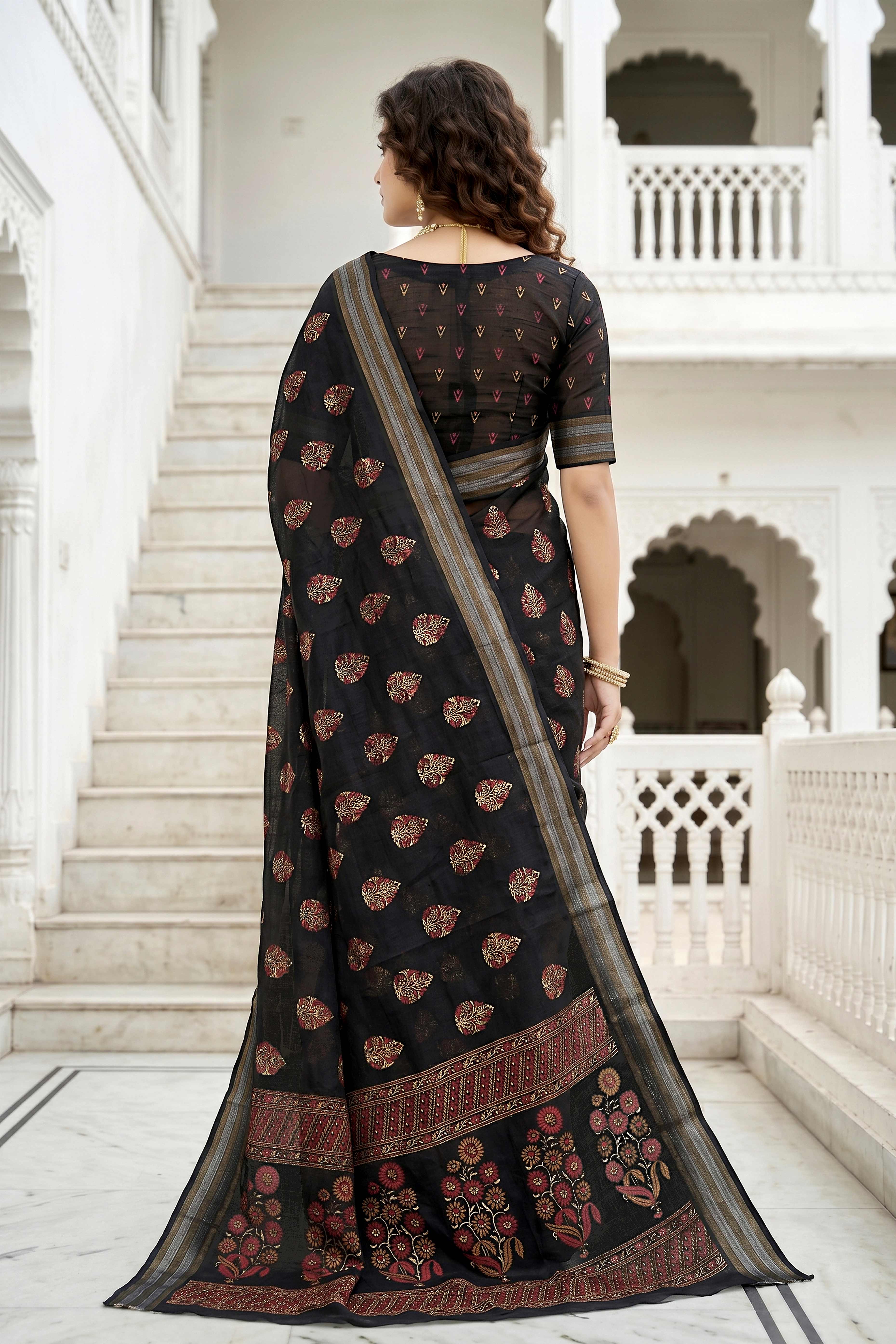 Sangam Prints Black Cotton Print Woven Work Traditional Saree - Dista