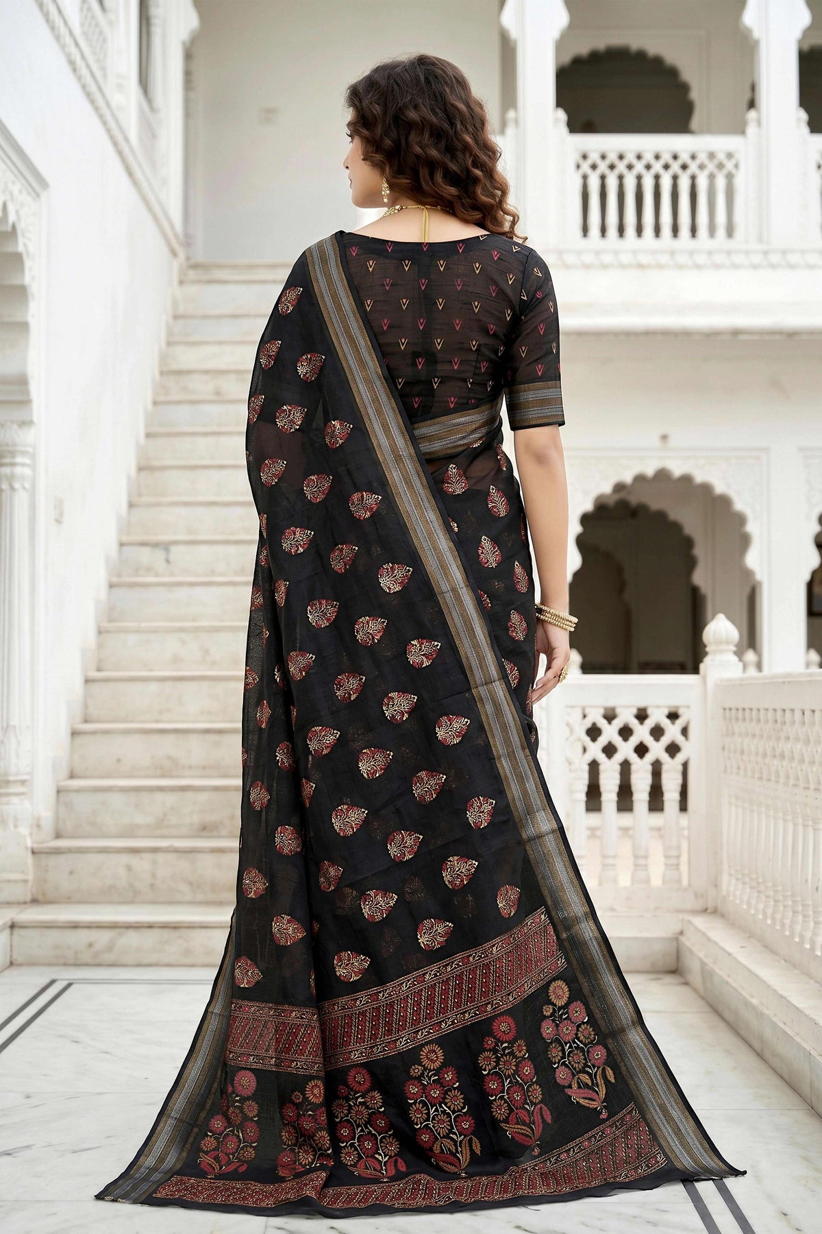 Sangam Prints Black Cotton Print Woven Work Traditional Saree - Dista