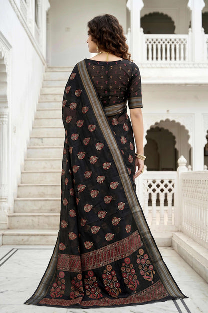 Sangam Prints Black Cotton Print Woven Work Traditional Saree - Dista