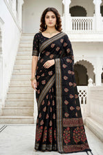 Thumbnail for Sangam Prints Black Cotton Print Woven Work Traditional Saree - Dista