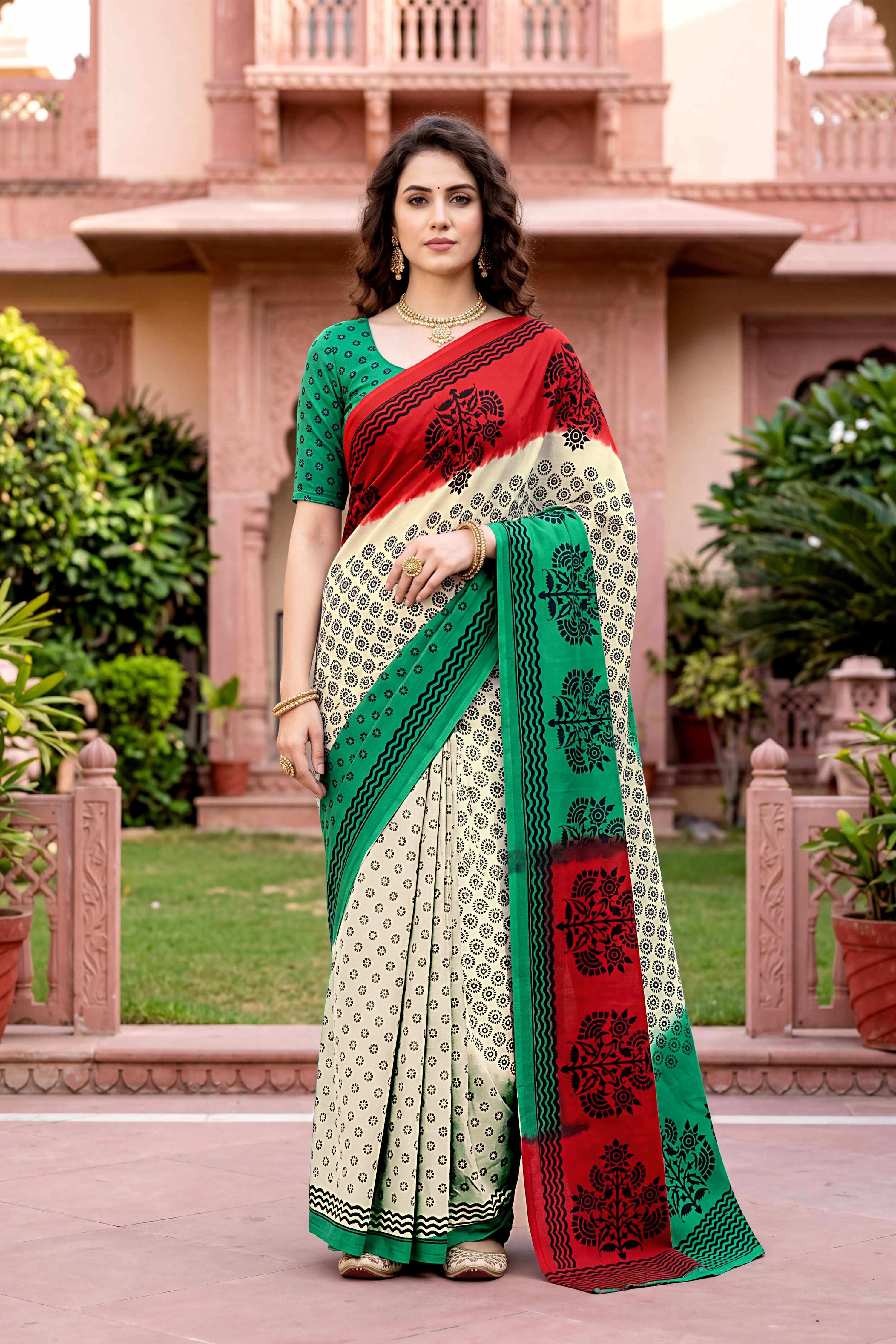Sangam Prints Off-White Cotton Print Woven Work Traditional Saree - Dista