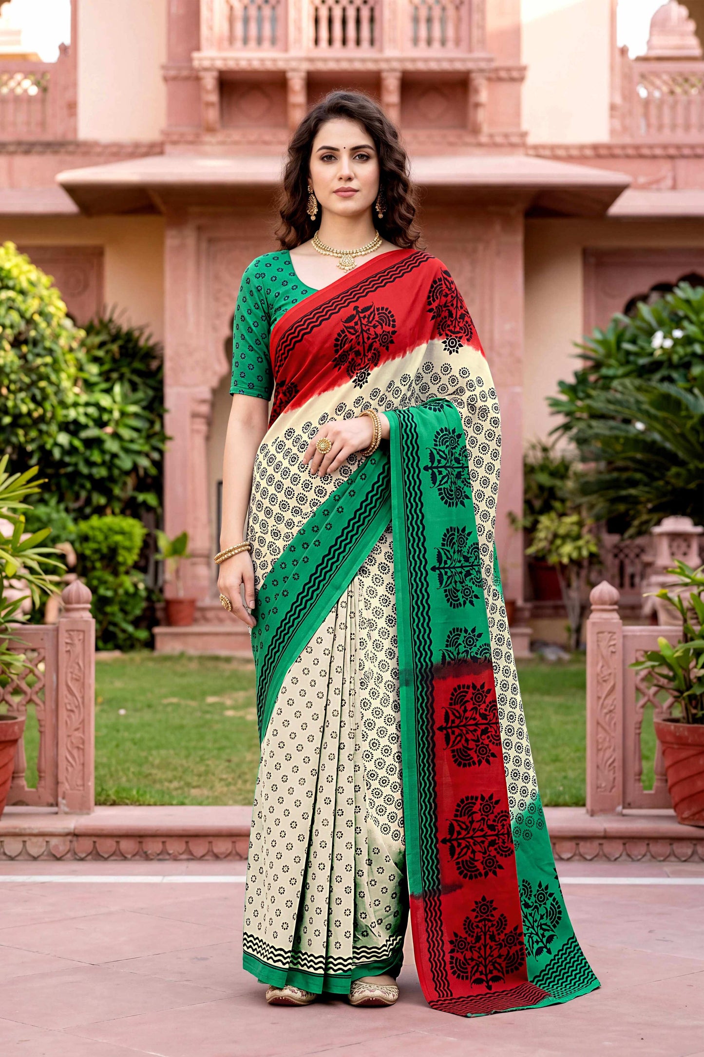 Sangam Prints Off-White Cotton Print Woven Work Traditional Saree - Dista