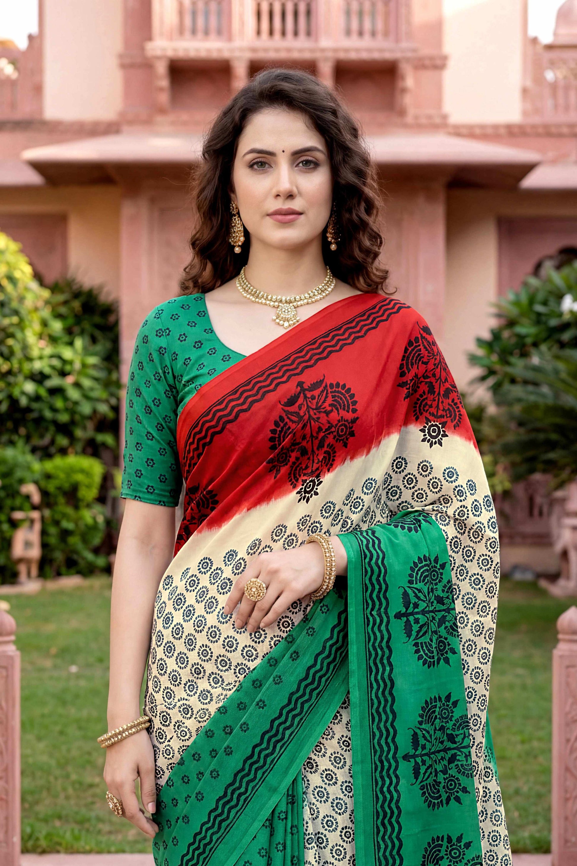 Sangam Prints Off-White Cotton Print Woven Work Traditional Saree - Dista