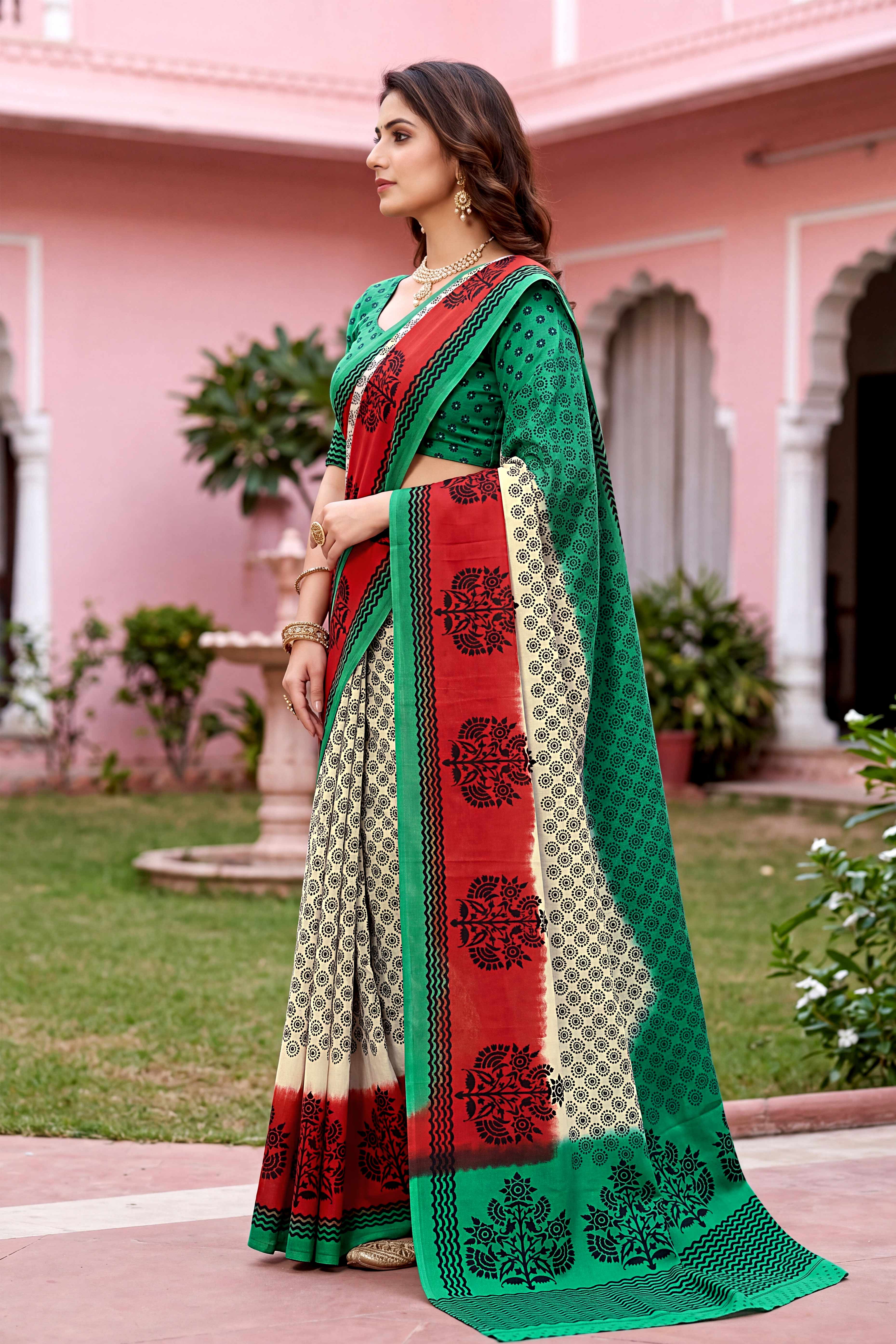 Sangam Prints Off-White Cotton Print Woven Work Traditional Saree - Dista