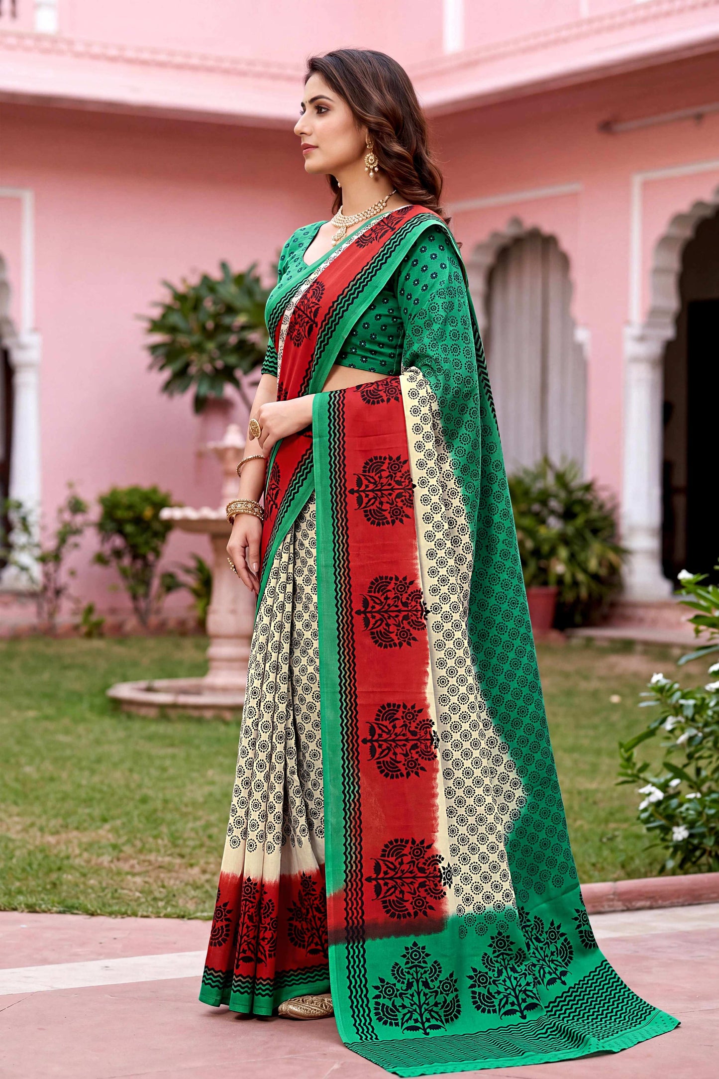 Sangam Prints Off-White Cotton Print Woven Work Traditional Saree - Dista