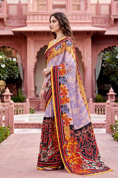 Sangam Prints Light Purple Cotton Print Woven Work Traditional Saree - Dista