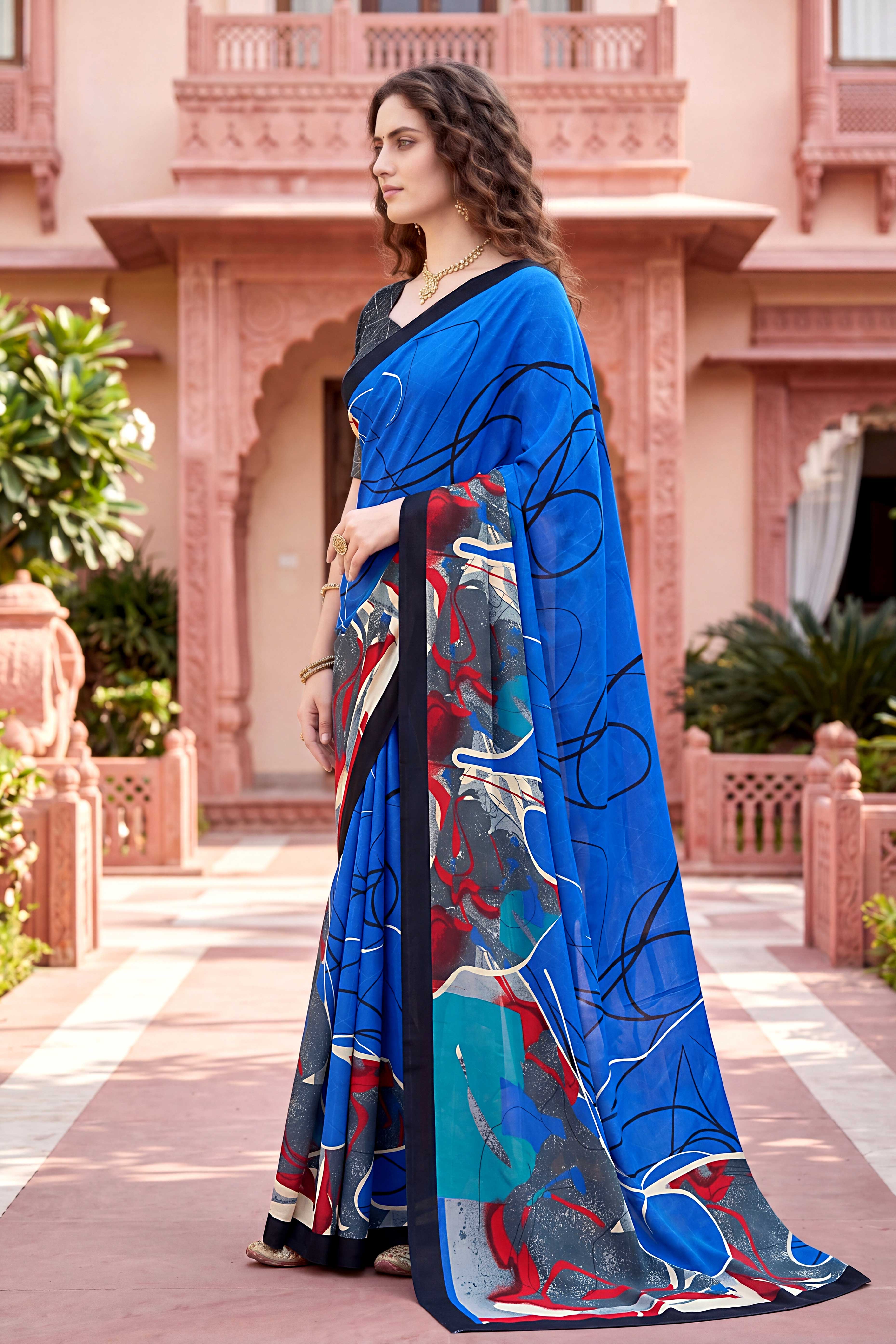Sangam Prints Blue Cotton Print Woven Work Traditional Saree - Dista