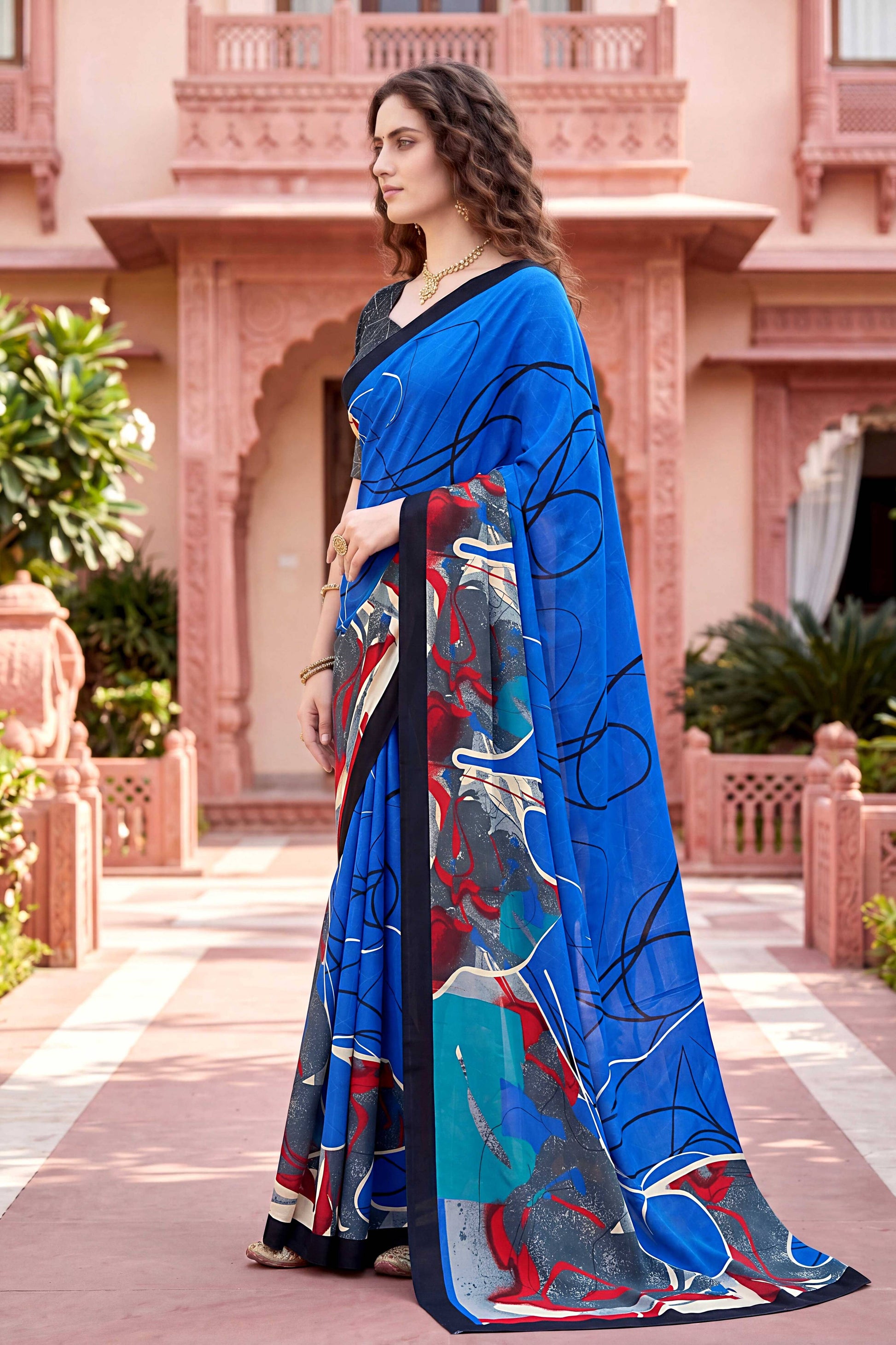 Sangam Prints Blue Cotton Print Woven Work Traditional Saree - Dista