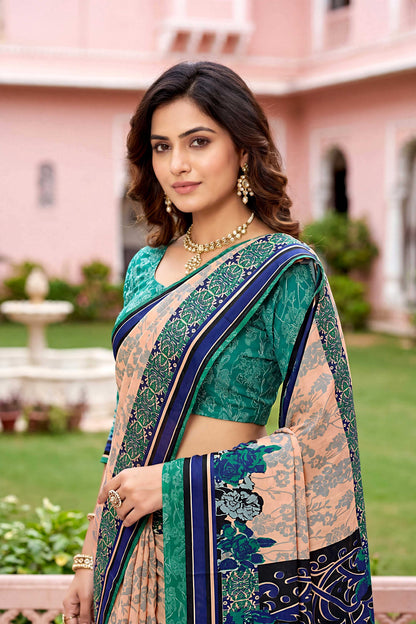Sangam Prints Peach Cotton Print Woven Work Traditional Saree - Dista