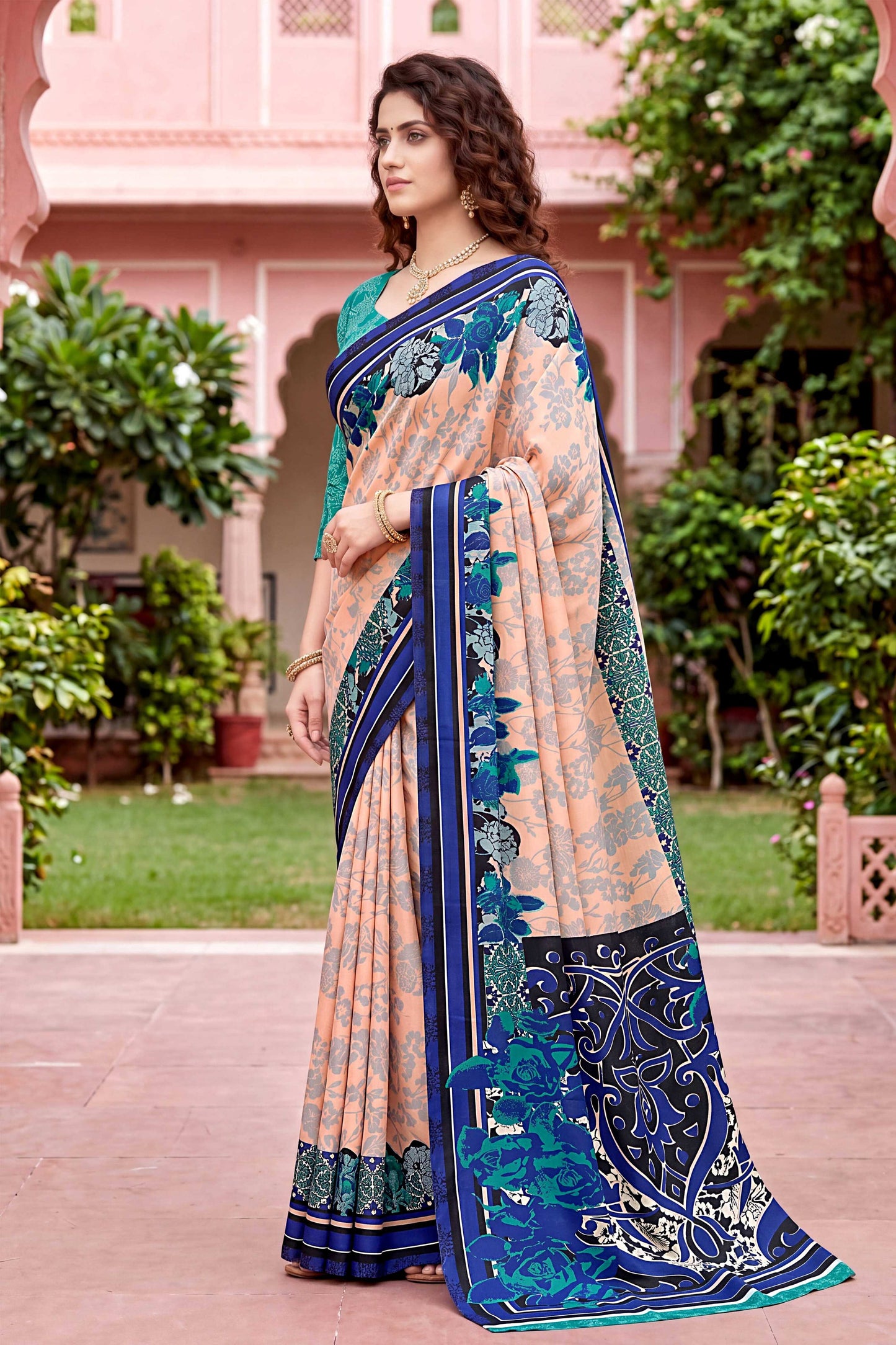 Sangam Prints Peach Cotton Print Woven Work Traditional Saree - Dista