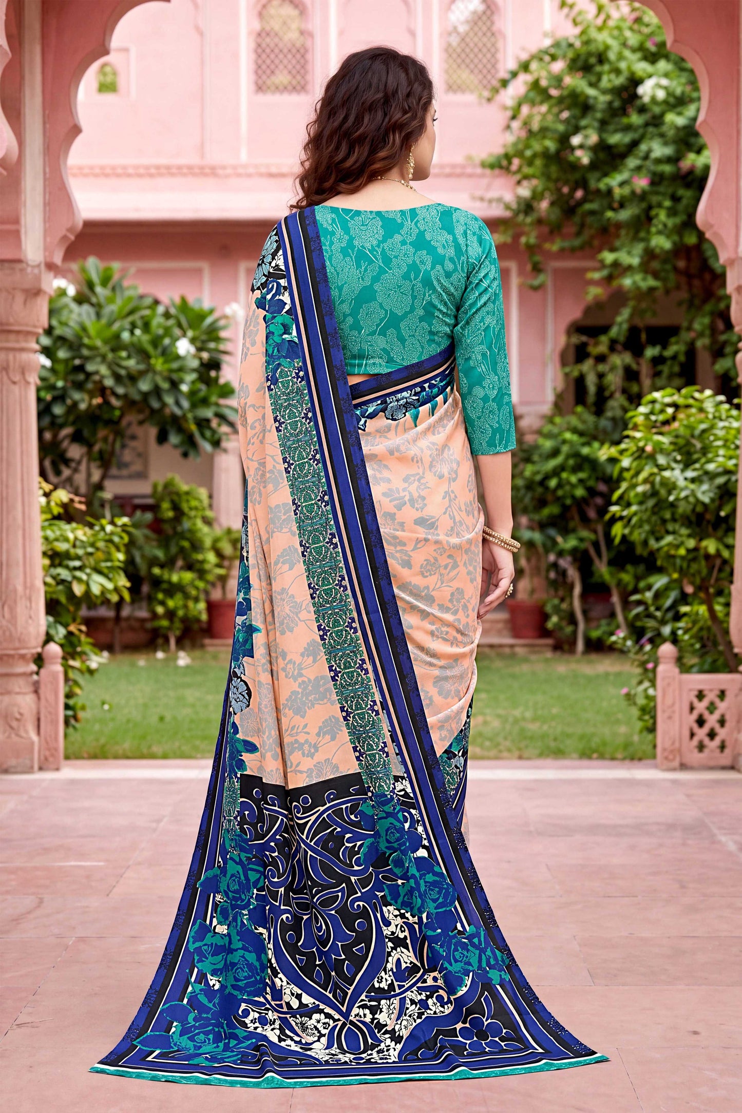 Sangam Prints Peach Cotton Print Woven Work Traditional Saree - Dista