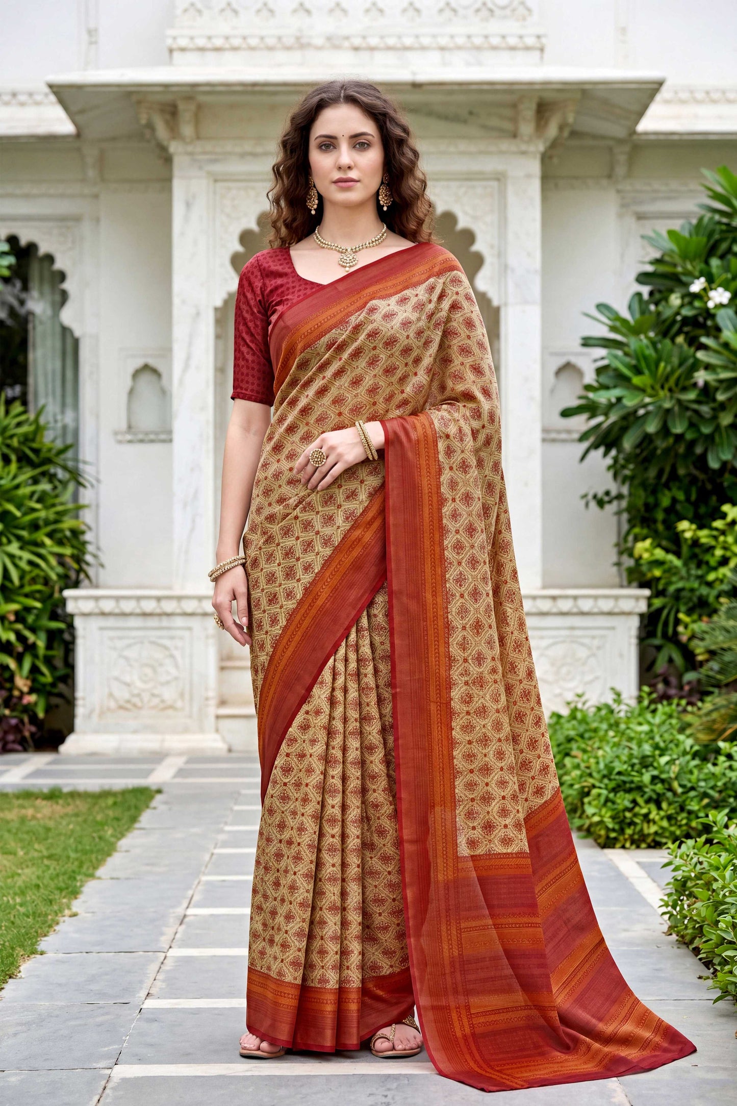 Sangam Prints Beige Cotton Print Woven Work Traditional Saree - Dista