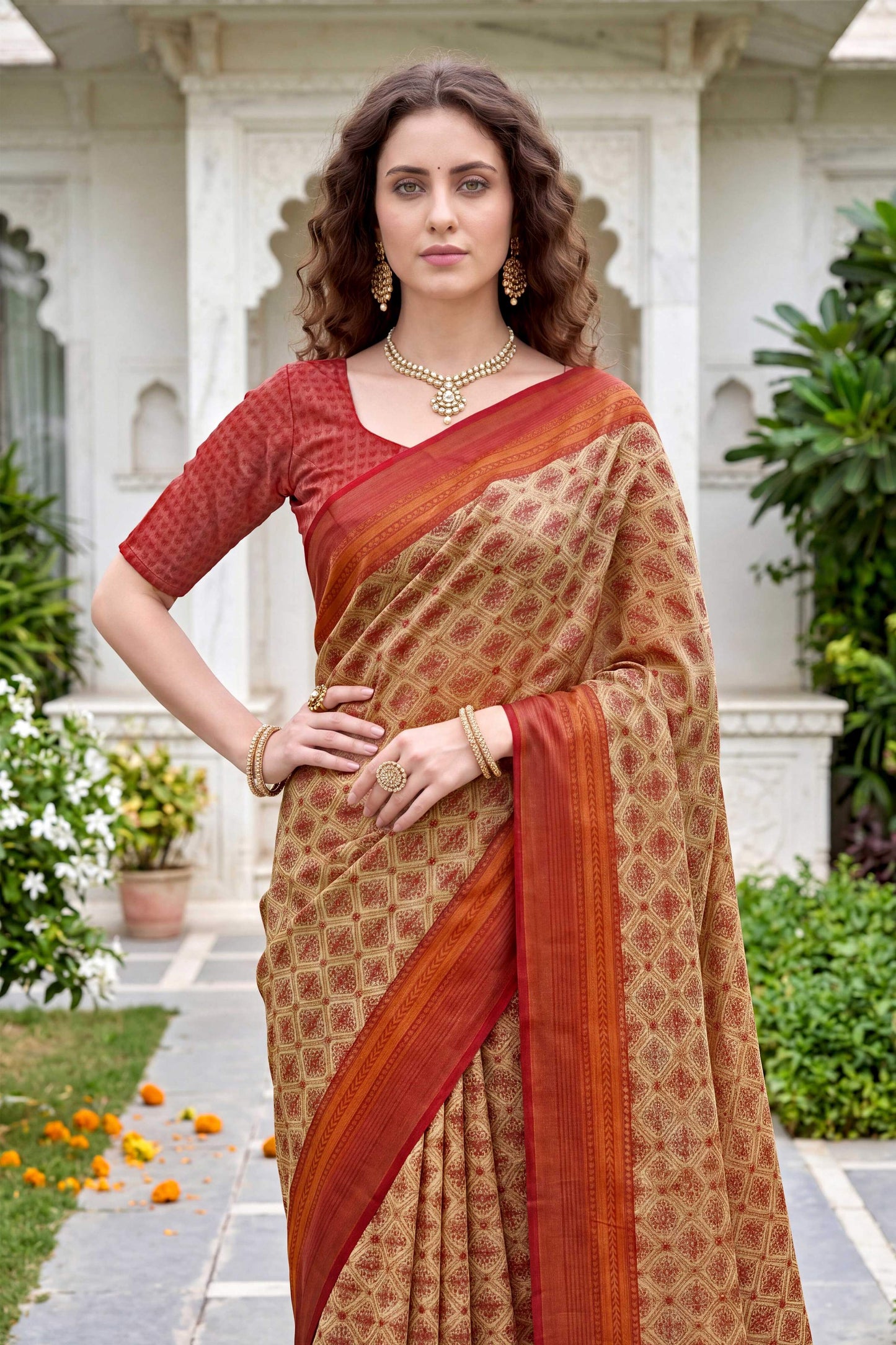 Sangam Prints Beige Cotton Print Woven Work Traditional Saree - Dista