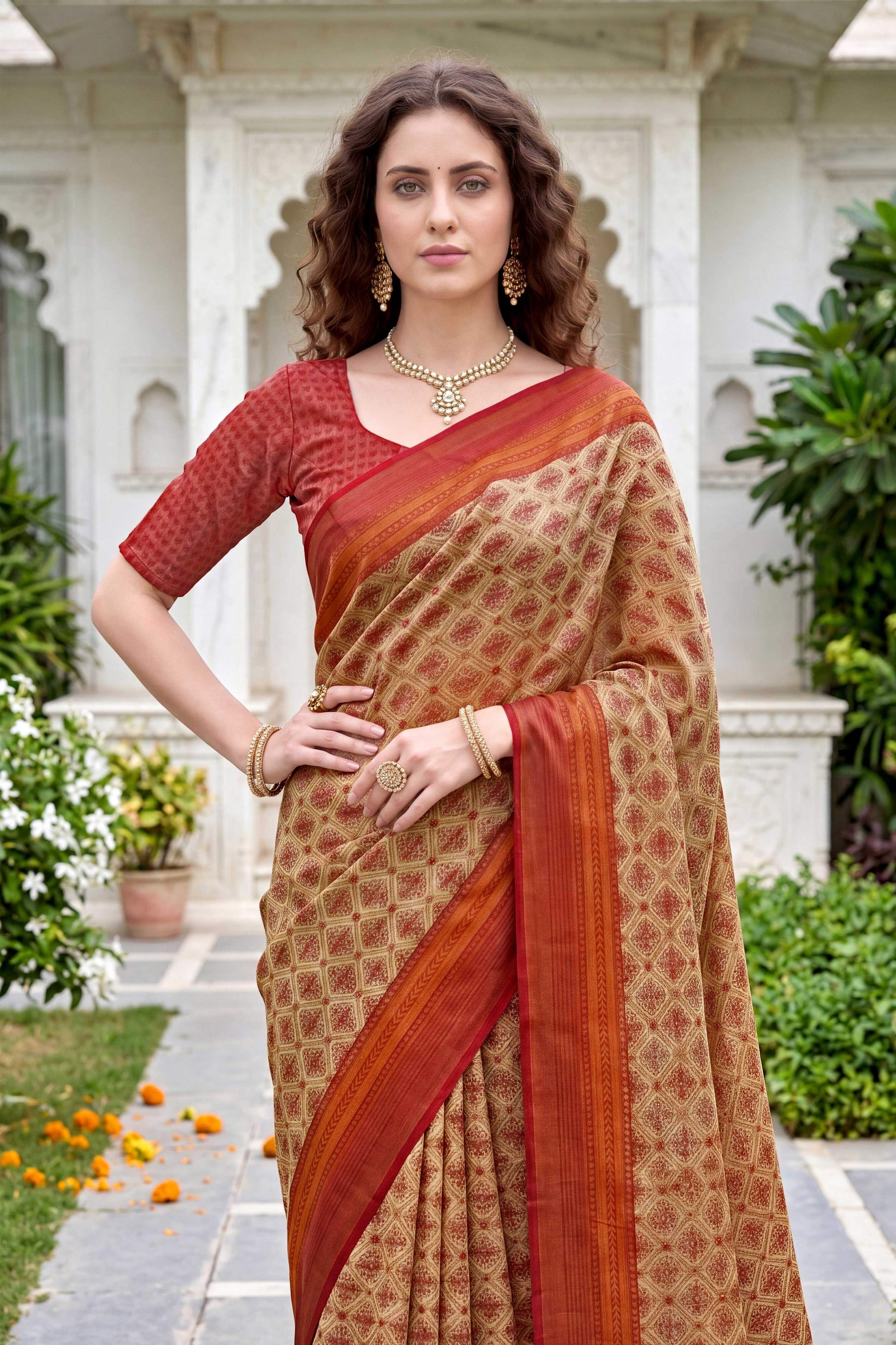 Sangam Prints Beige Cotton Print Woven Work Traditional Saree - Dista