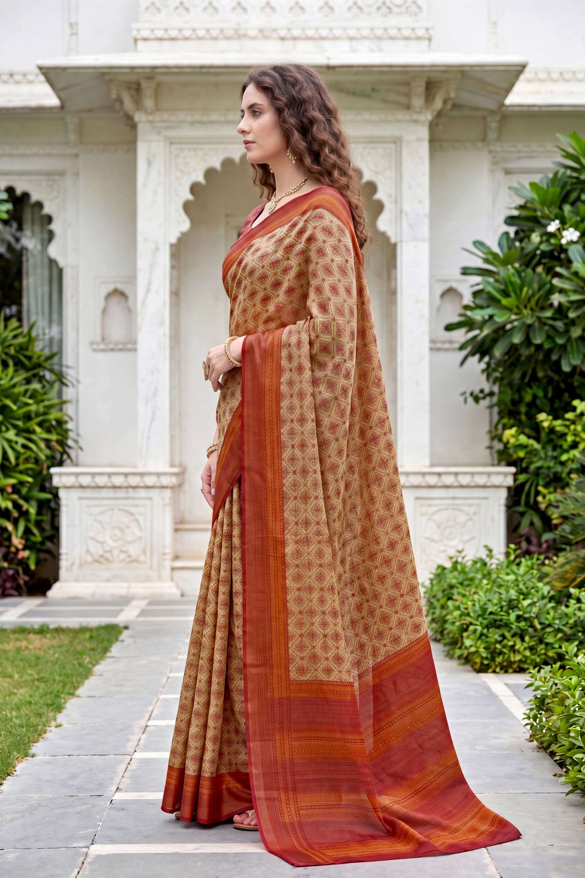 Sangam Prints Beige Cotton Print Woven Work Traditional Saree - Dista