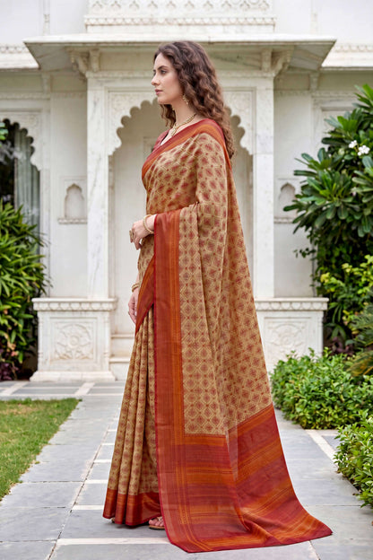 Sangam Prints Beige Cotton Print Woven Work Traditional Saree - Dista