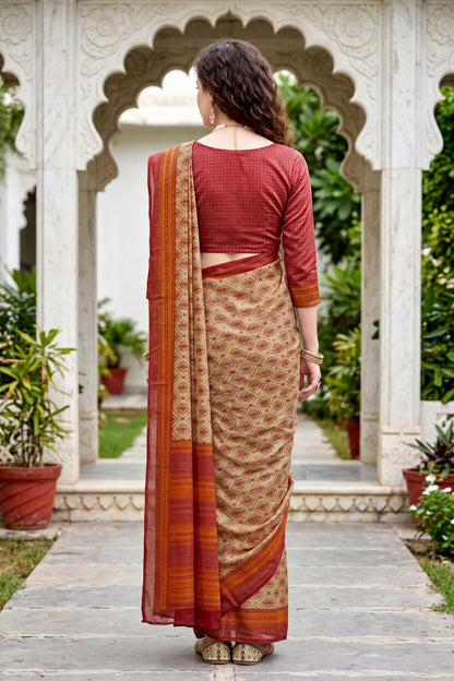 Sangam Prints Beige Cotton Print Woven Work Traditional Saree - Dista