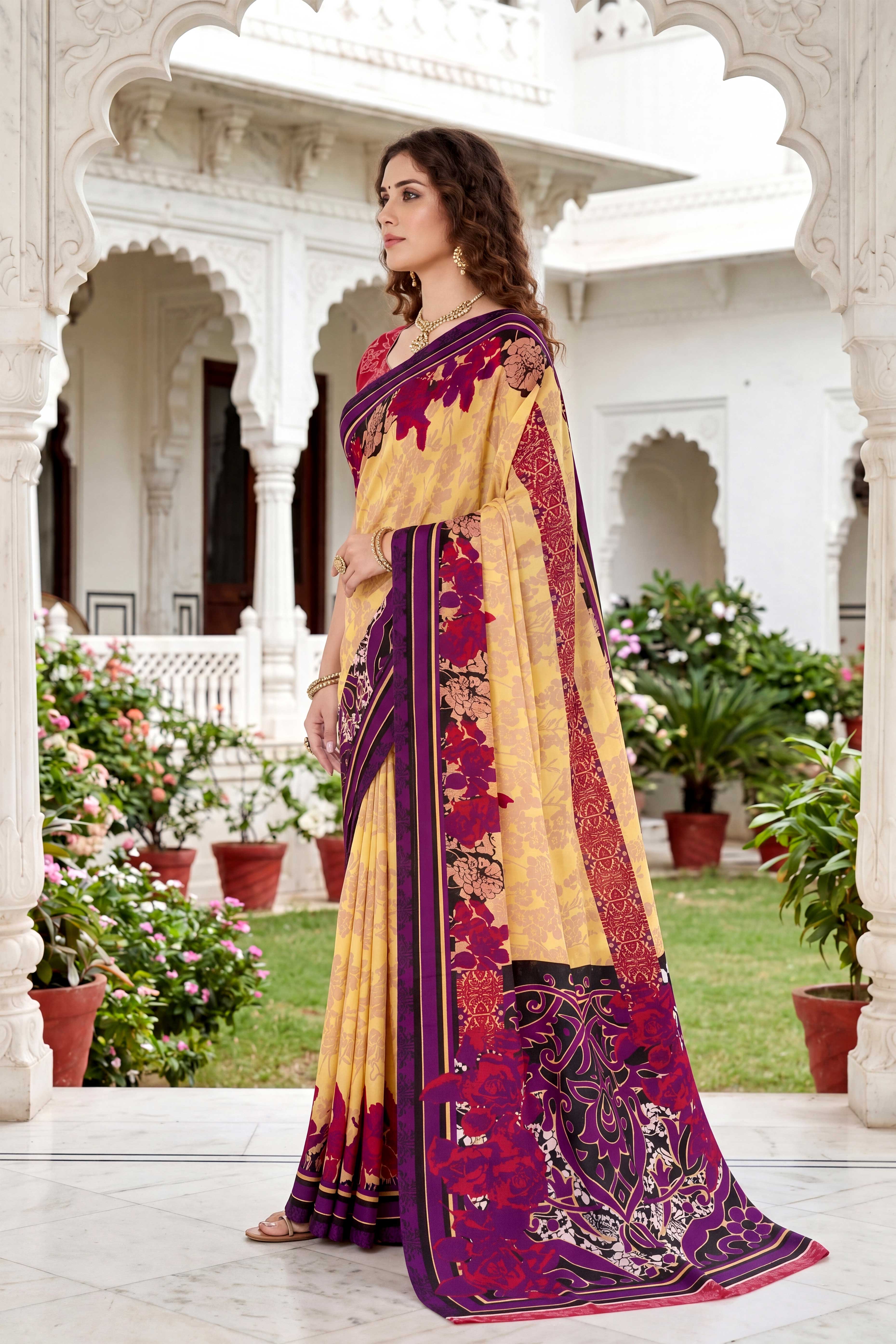 Sangam Prints Yellow Cotton Print Woven Work Traditional Saree - Dista