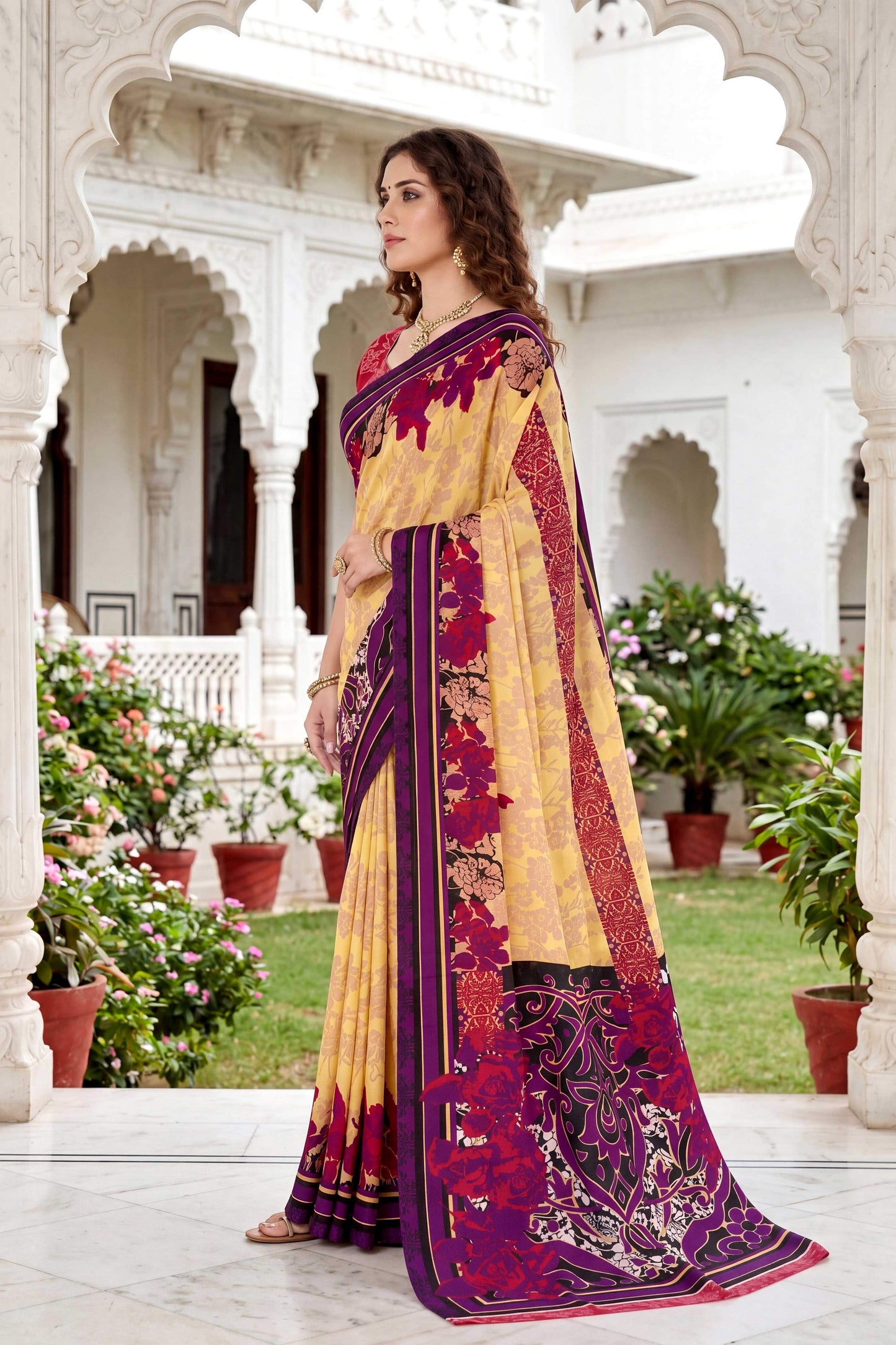 Sangam Prints Yellow Cotton Print Woven Work Traditional Saree - Dista