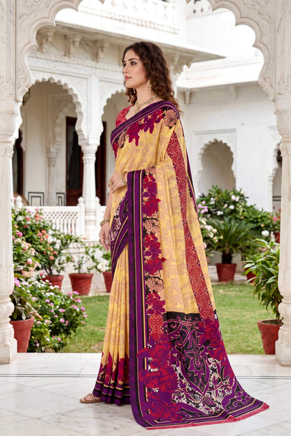 Sangam Prints Yellow Cotton Print Woven Work Traditional Saree - Dista