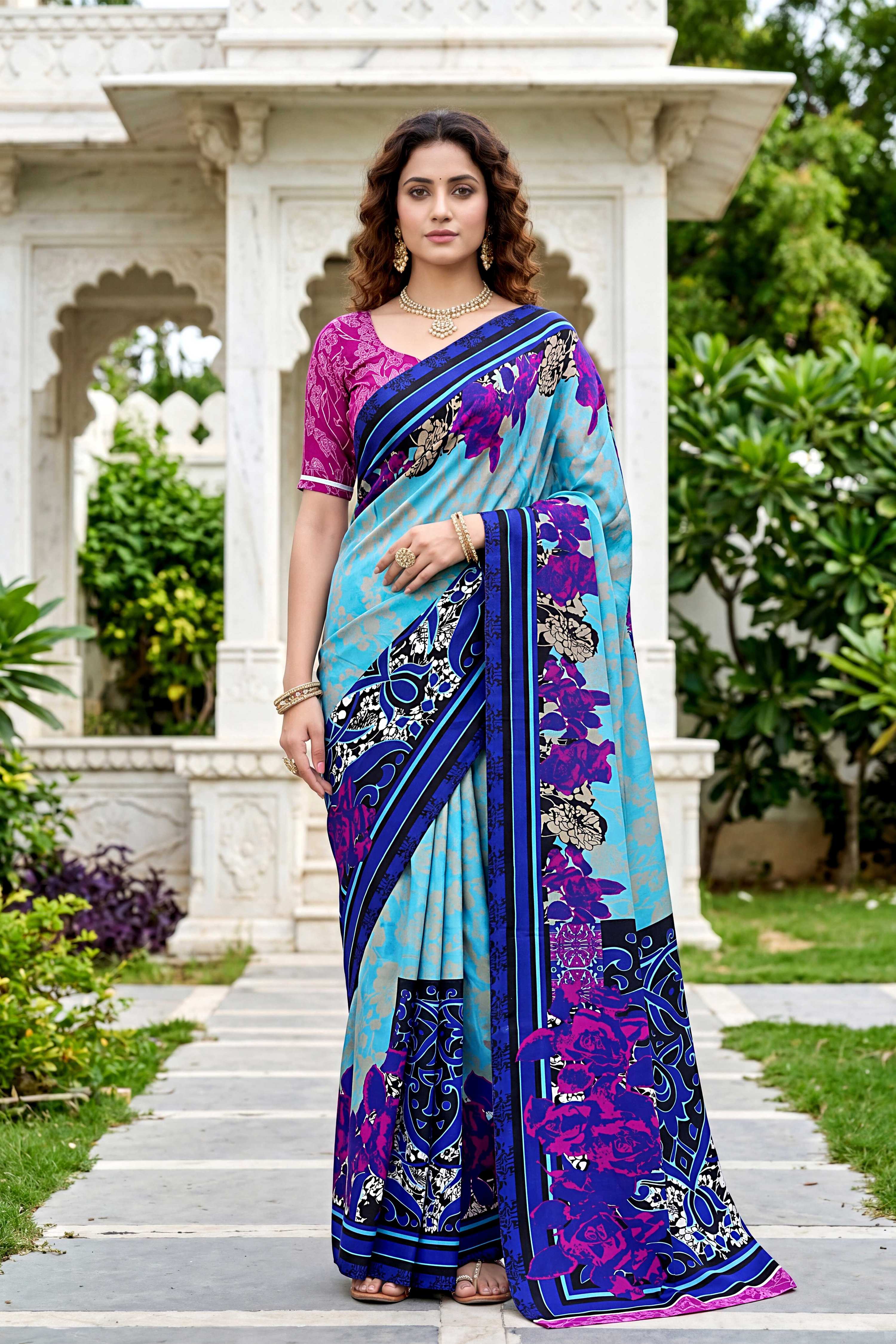 Sangam Prints Sky Blue Cotton Print Woven Work Traditional Saree - Dista