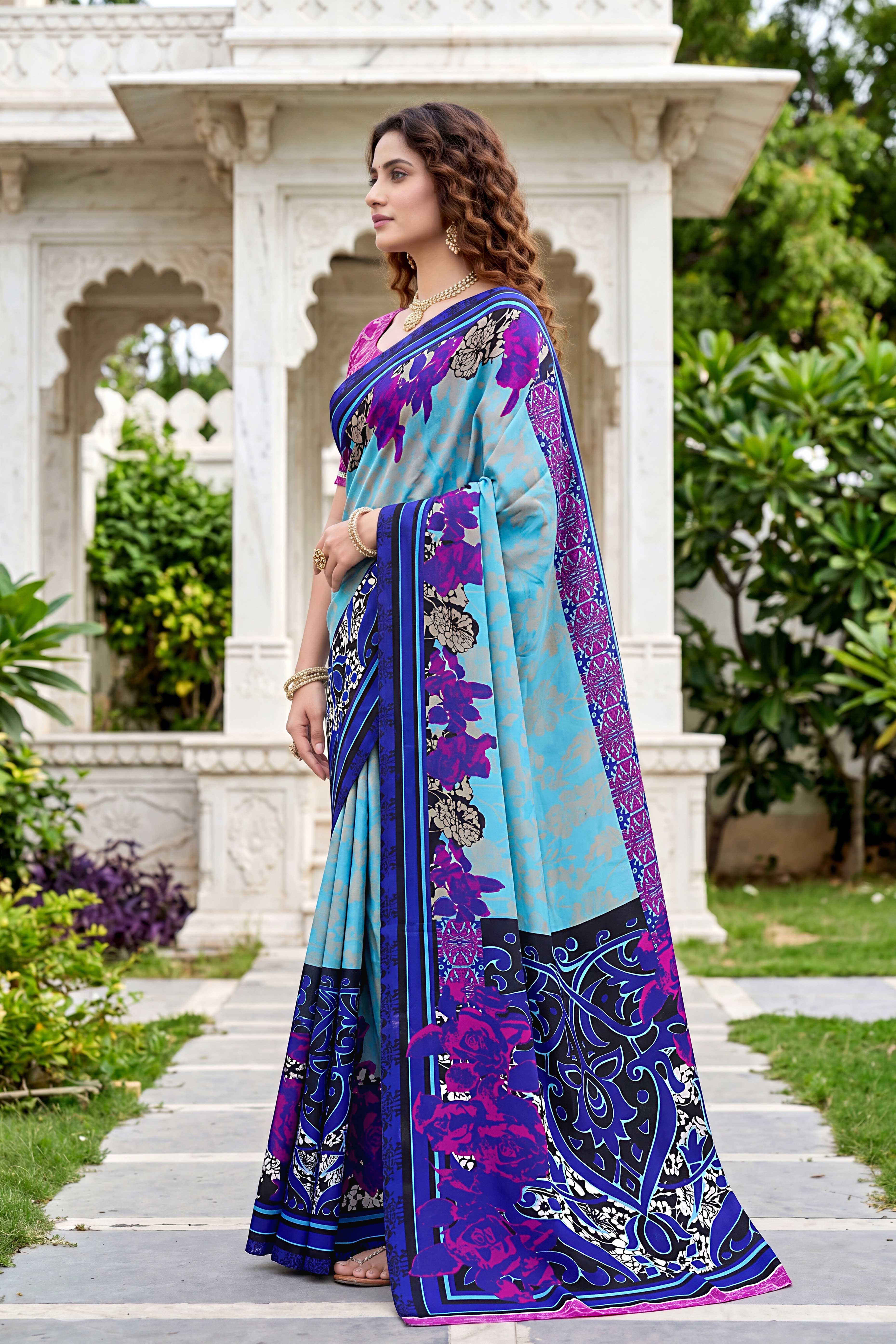 Sangam Prints Sky Blue Cotton Print Woven Work Traditional Saree - Dista