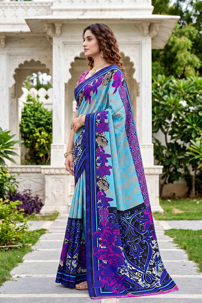Sangam Prints Sky Blue Cotton Print Woven Work Traditional Saree - Dista