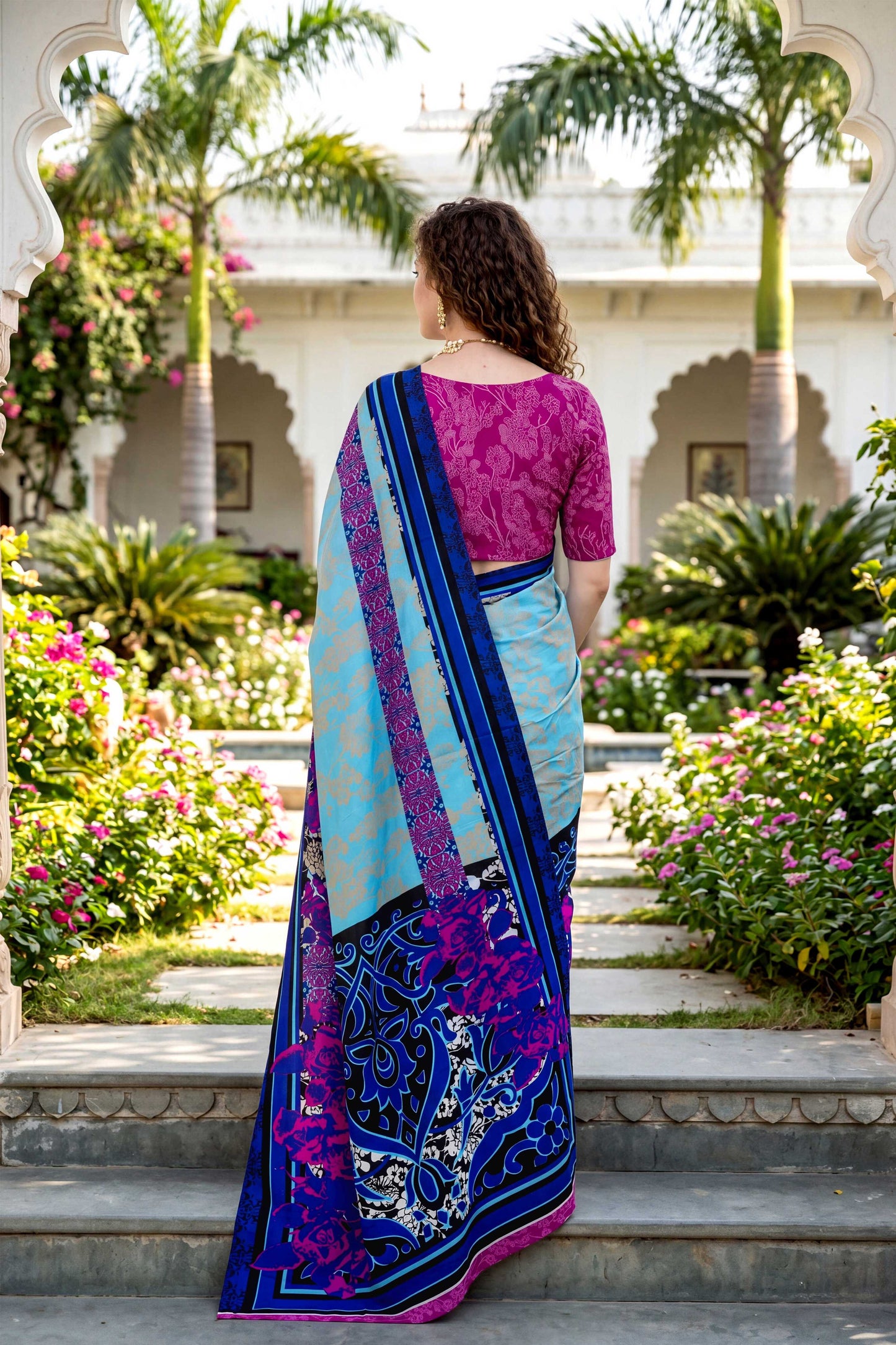 Sangam Prints Sky Blue Cotton Print Woven Work Traditional Saree - Dista