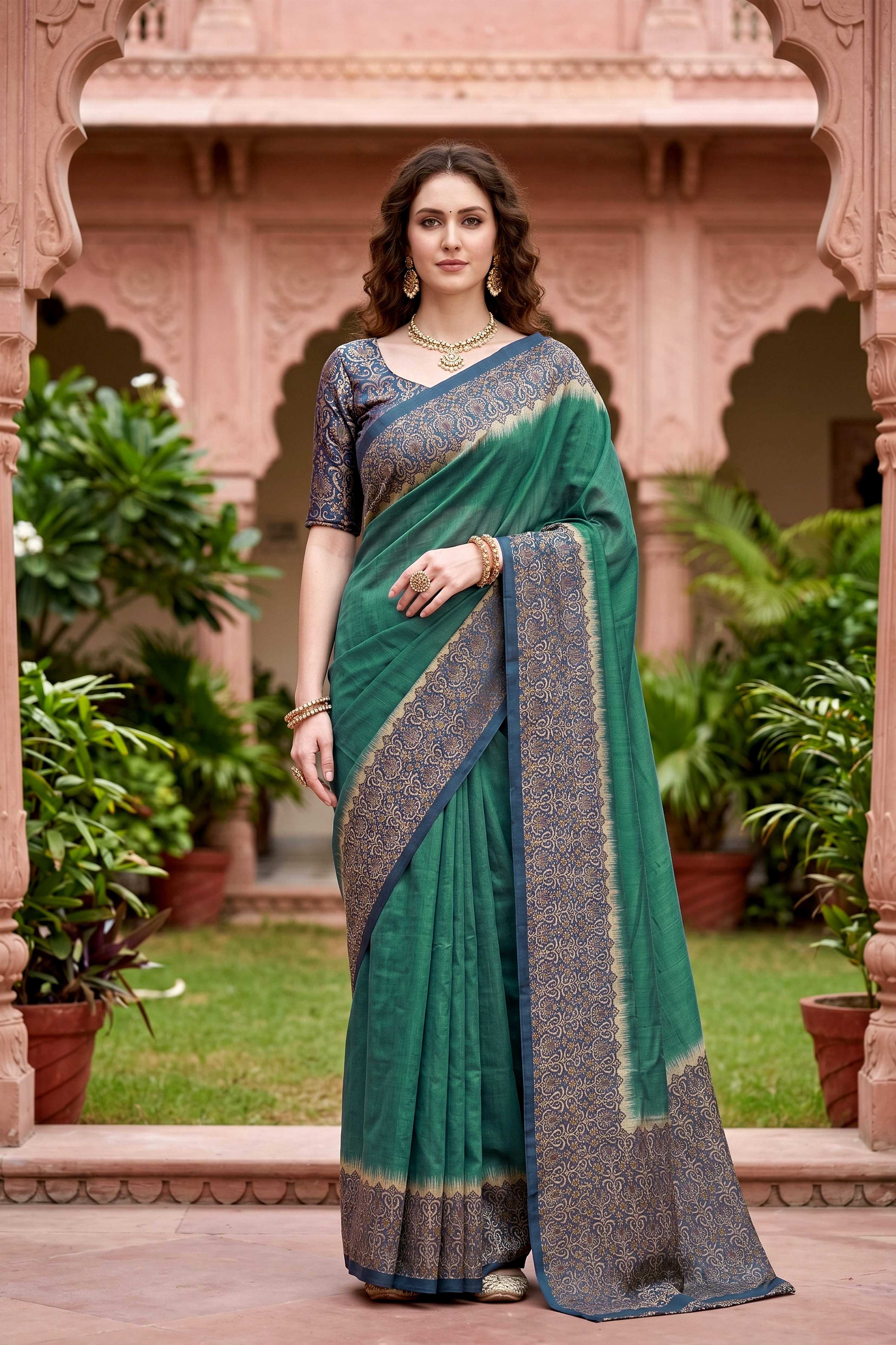 Sangam Prints Green Cotton Print Woven Work Traditional Saree - Dista