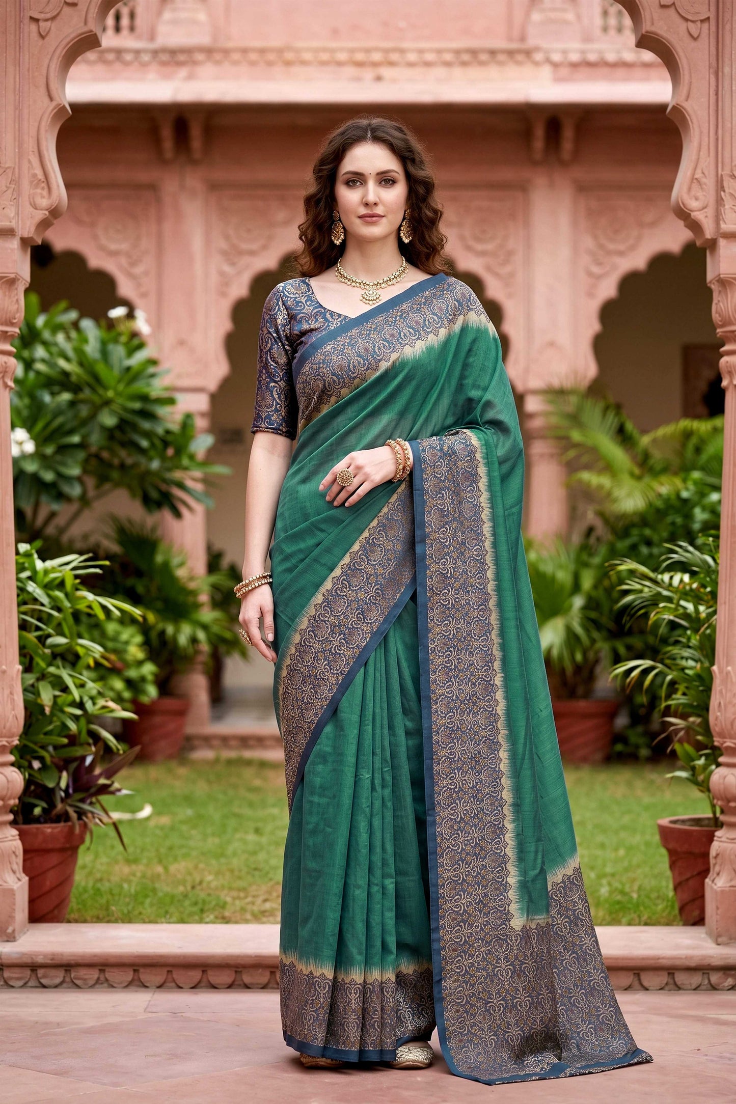 Sangam Prints Green Cotton Print Woven Work Traditional Saree - Dista