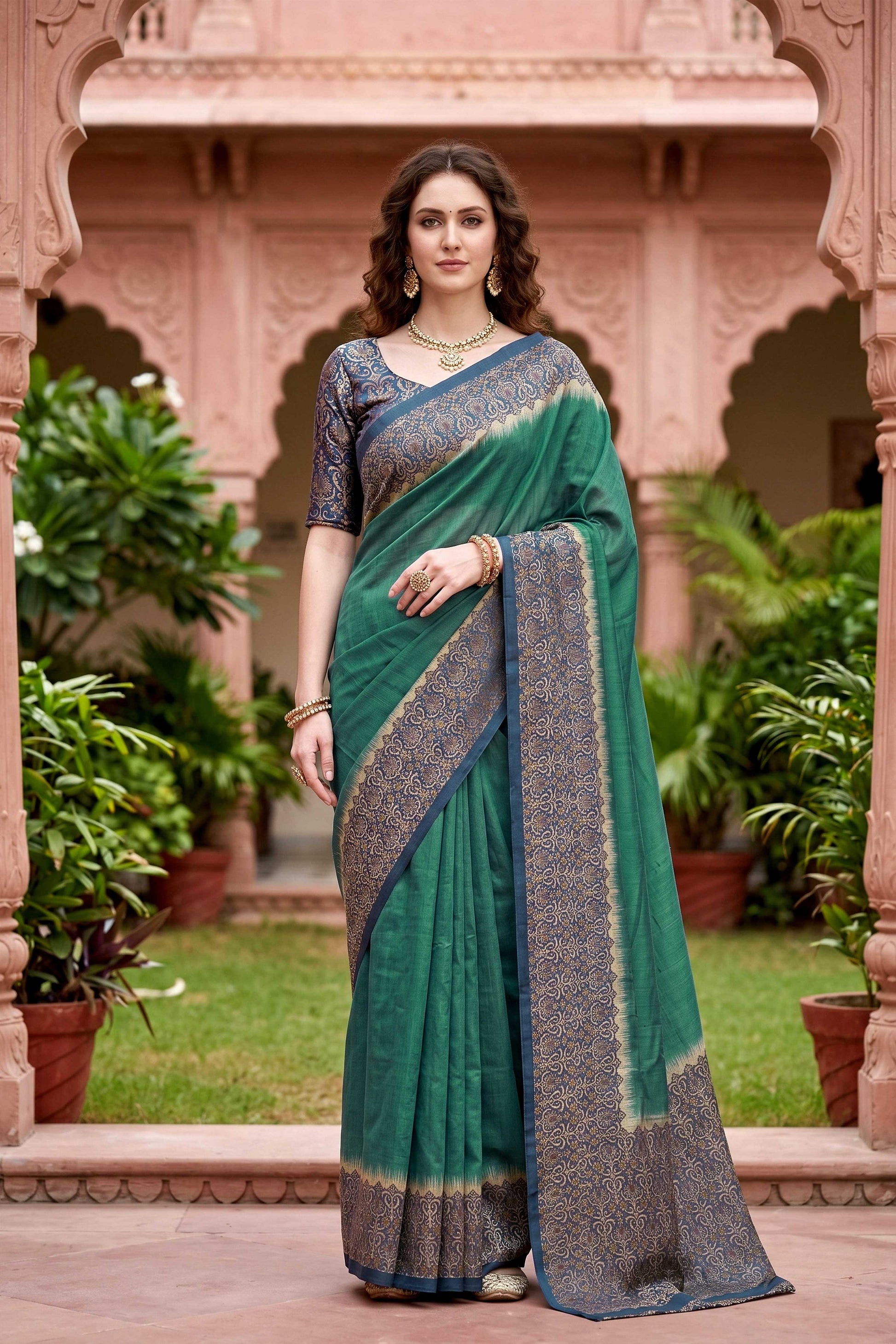 Sangam Prints Green Cotton Print Woven Work Traditional Saree - Dista