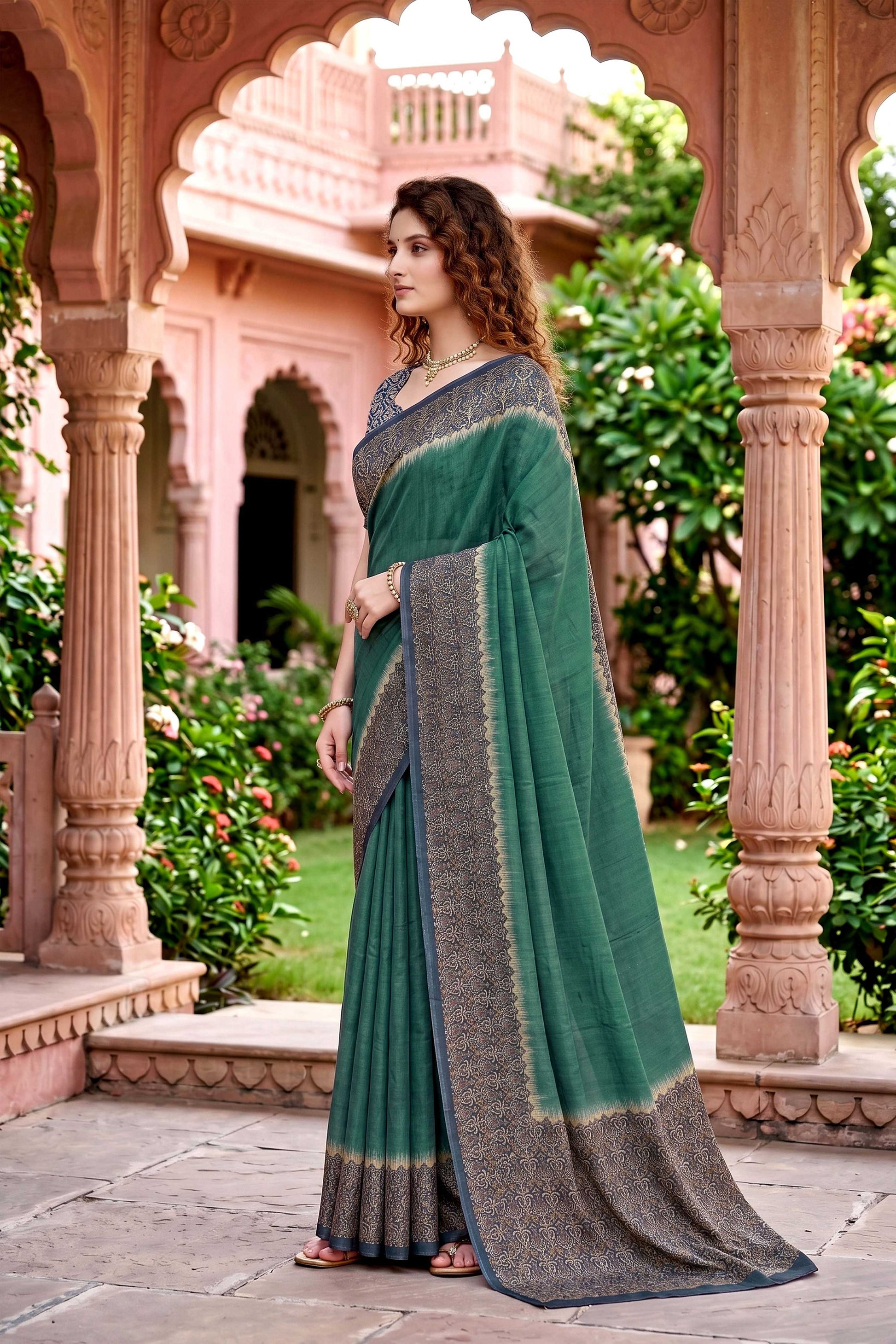 Sangam Prints Green Cotton Print Woven Work Traditional Saree - Dista