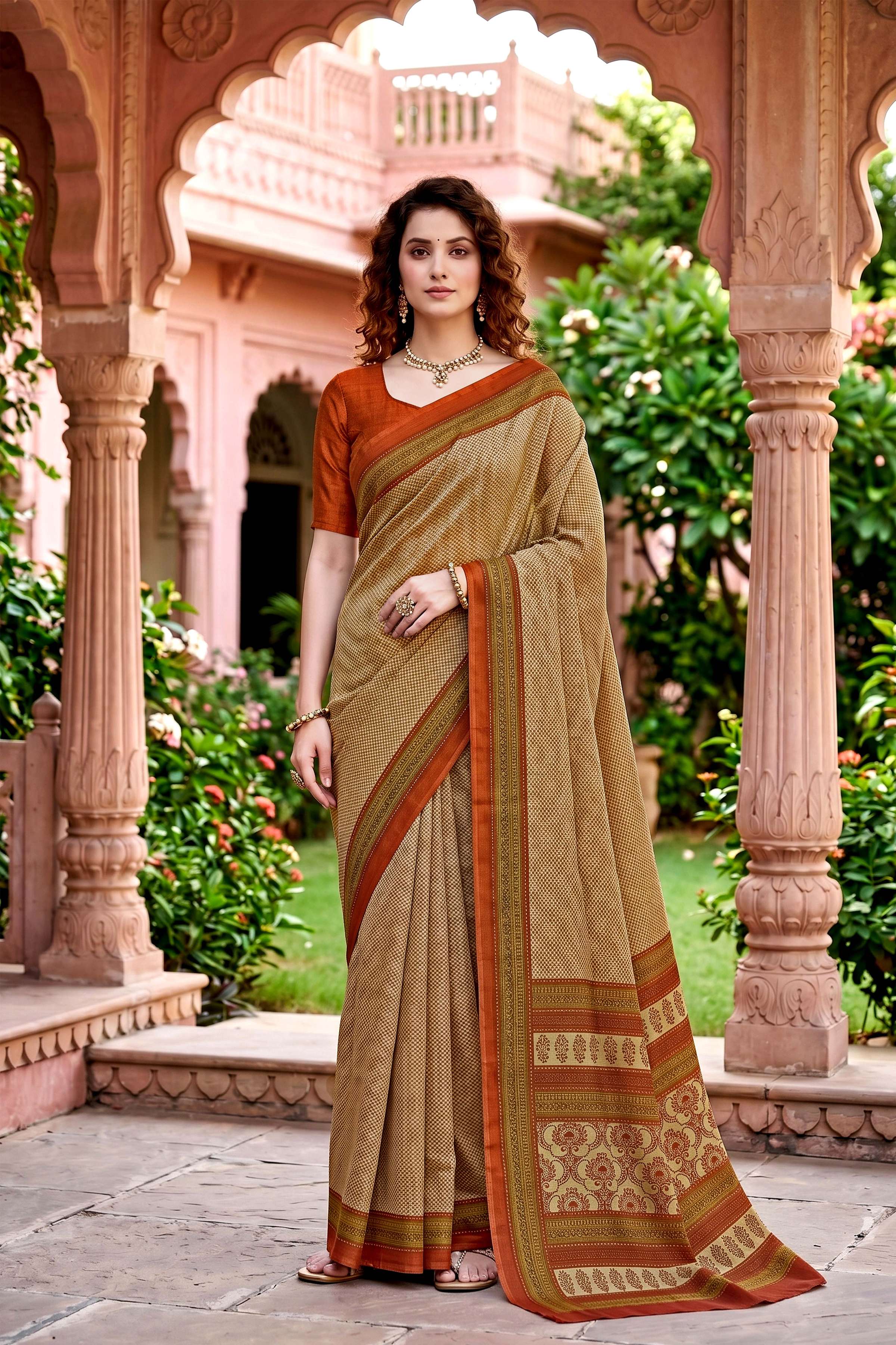 Sangam Prints Beige Cotton Print Woven Work Traditional Saree - Dista