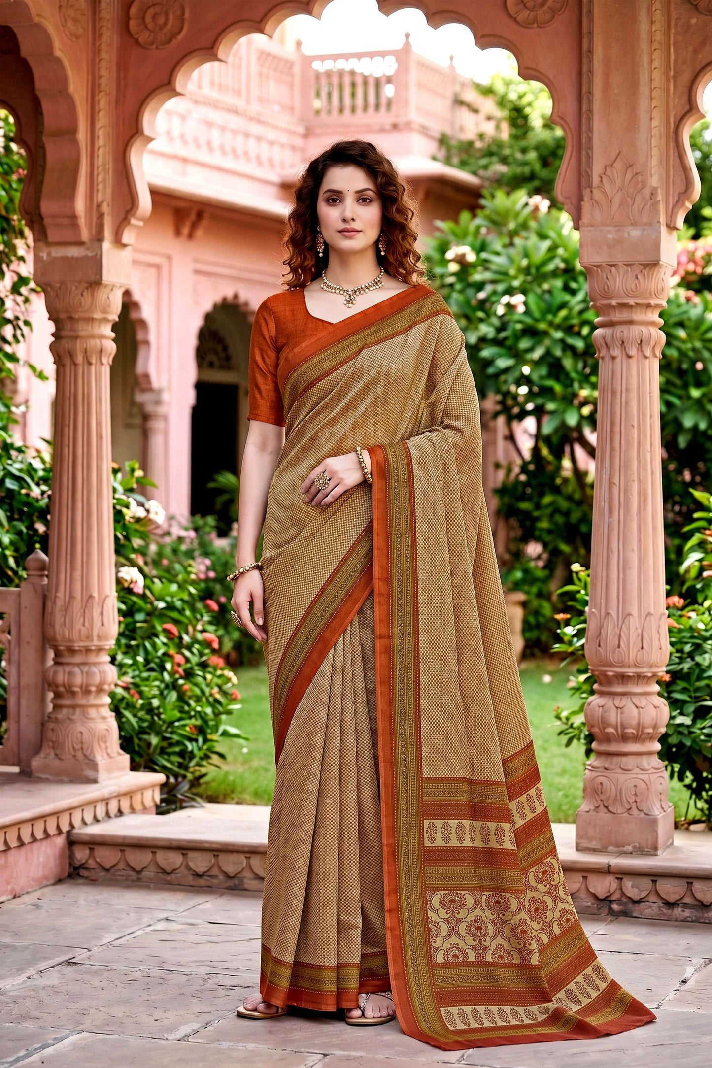 Sangam Prints Beige Cotton Print Woven Work Traditional Saree - Dista