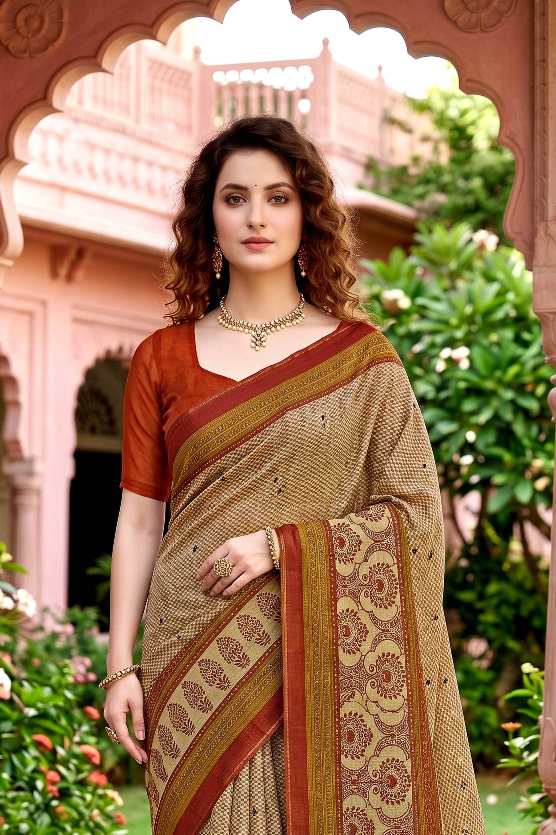 Sangam Prints Beige Cotton Print Woven Work Traditional Saree - Dista