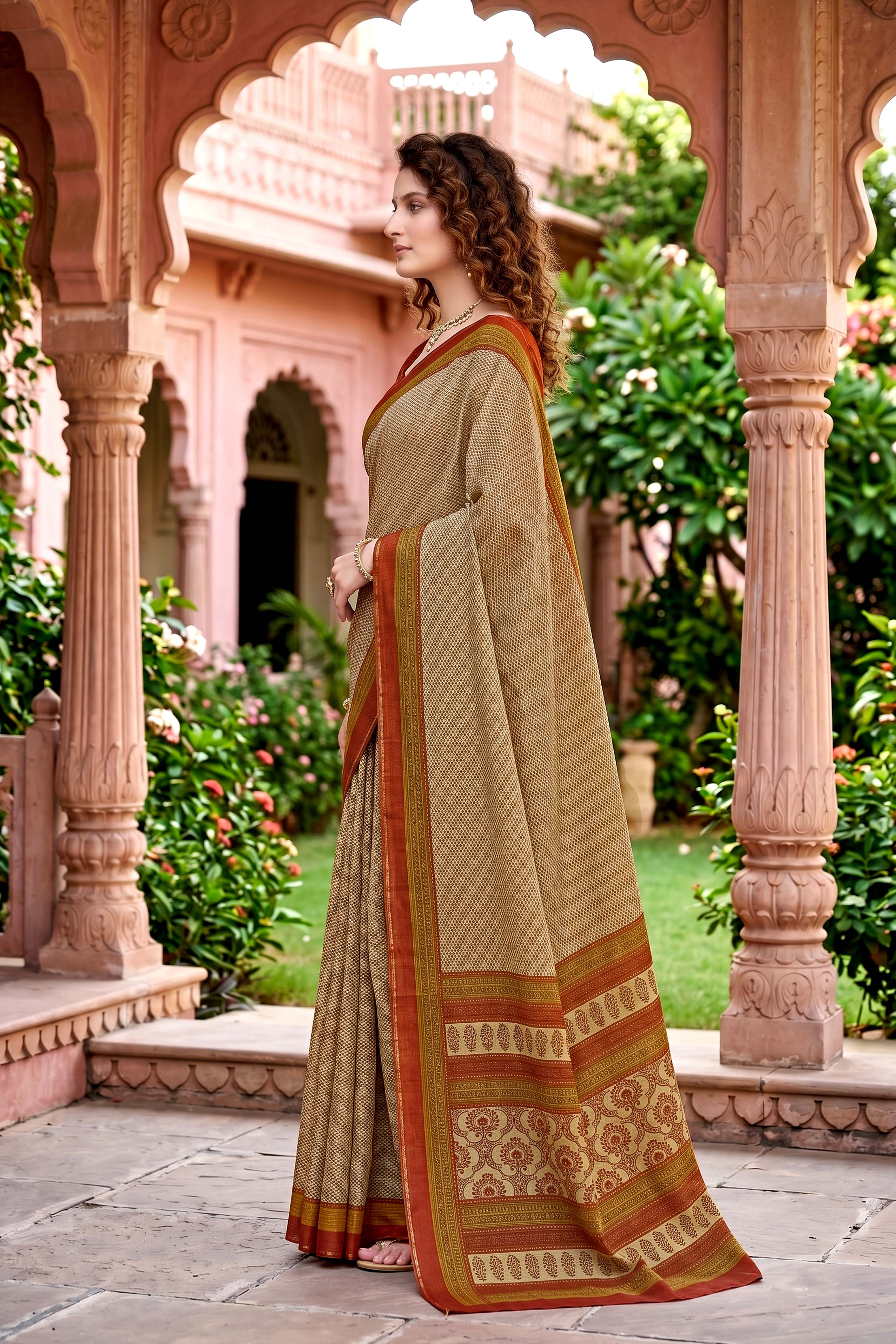 Sangam Prints Beige Cotton Print Woven Work Traditional Saree - Dista