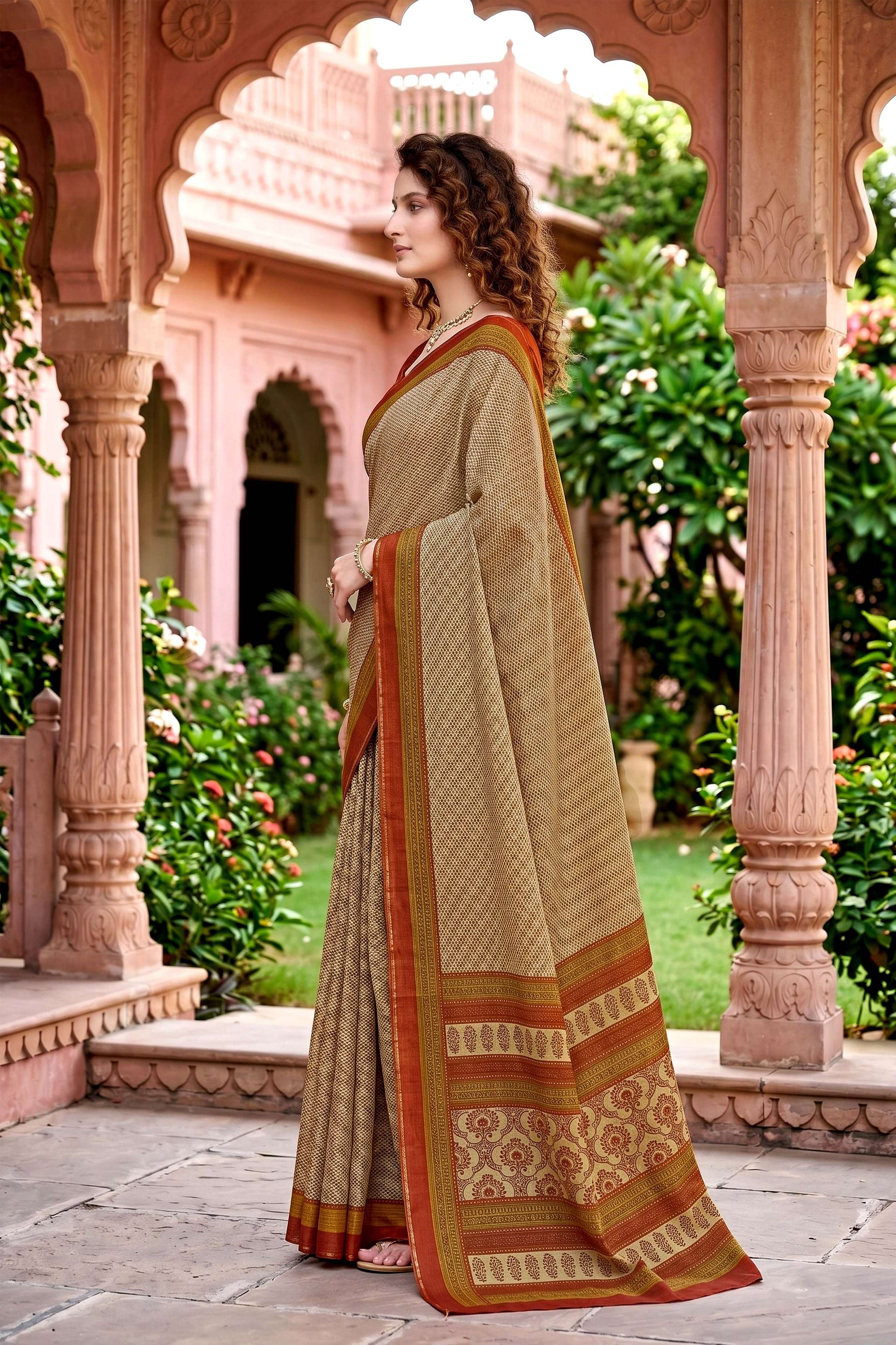 Sangam Prints Beige Cotton Print Woven Work Traditional Saree - Dista