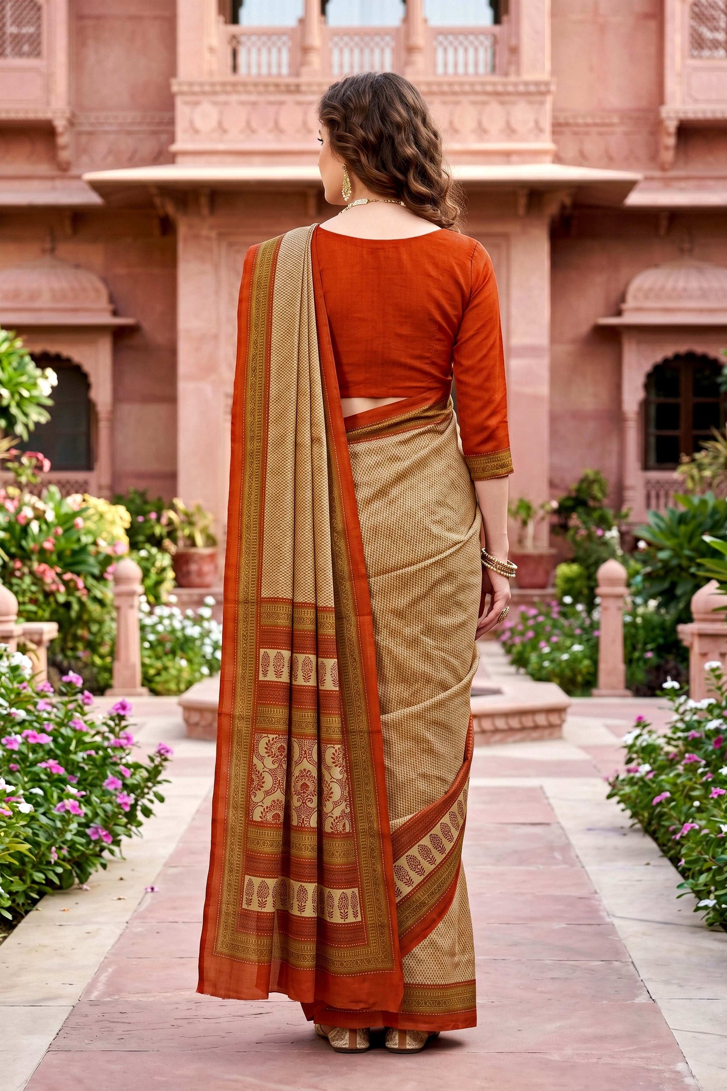 Sangam Prints Beige Cotton Print Woven Work Traditional Saree - Dista
