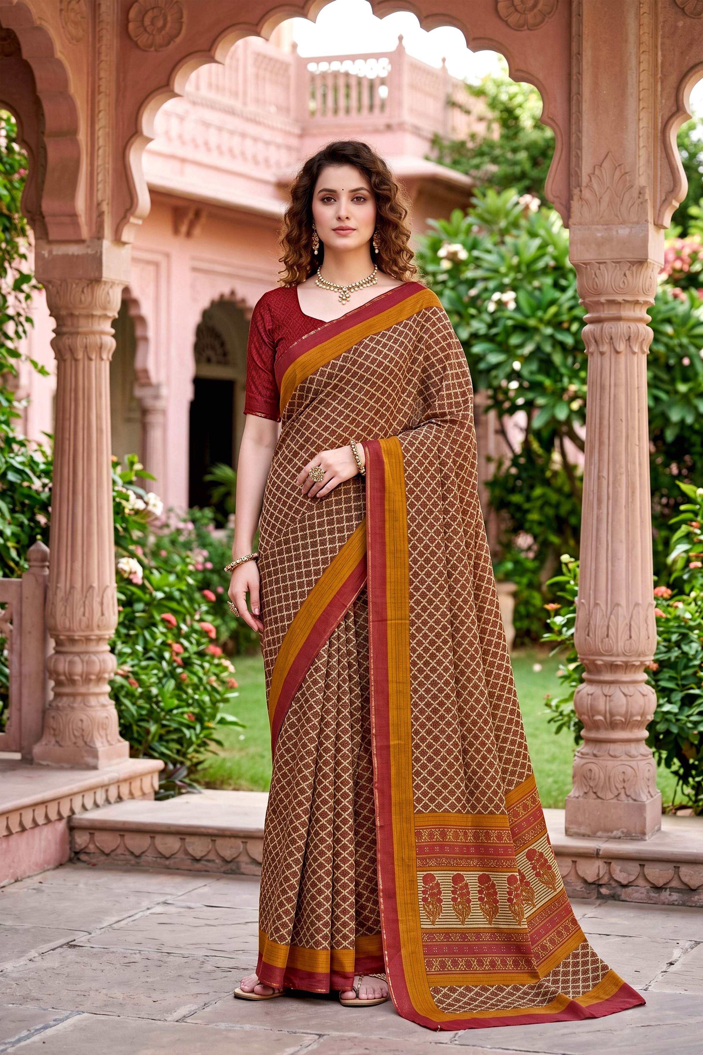 Sangam Prints Beige Cotton Print Woven Work Traditional Saree - Dista