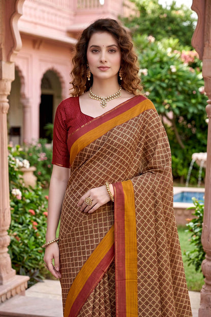 Sangam Prints Beige Cotton Print Woven Work Traditional Saree - Dista