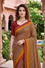 Thumbnail for Sangam Prints Beige Cotton Print Woven Work Traditional Saree - Dista