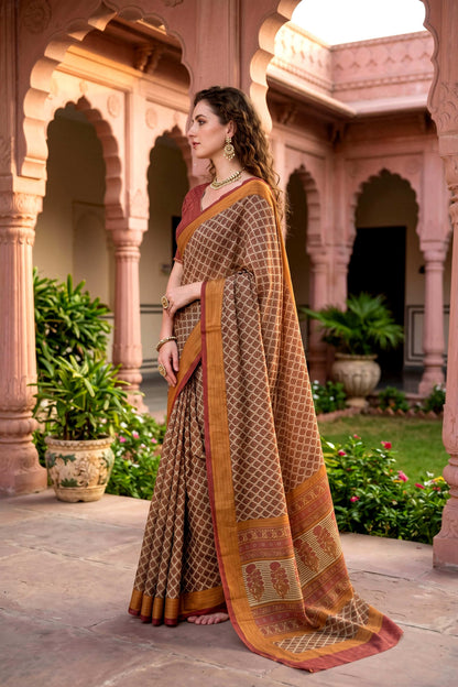 Sangam Prints Beige Cotton Print Woven Work Traditional Saree - Dista