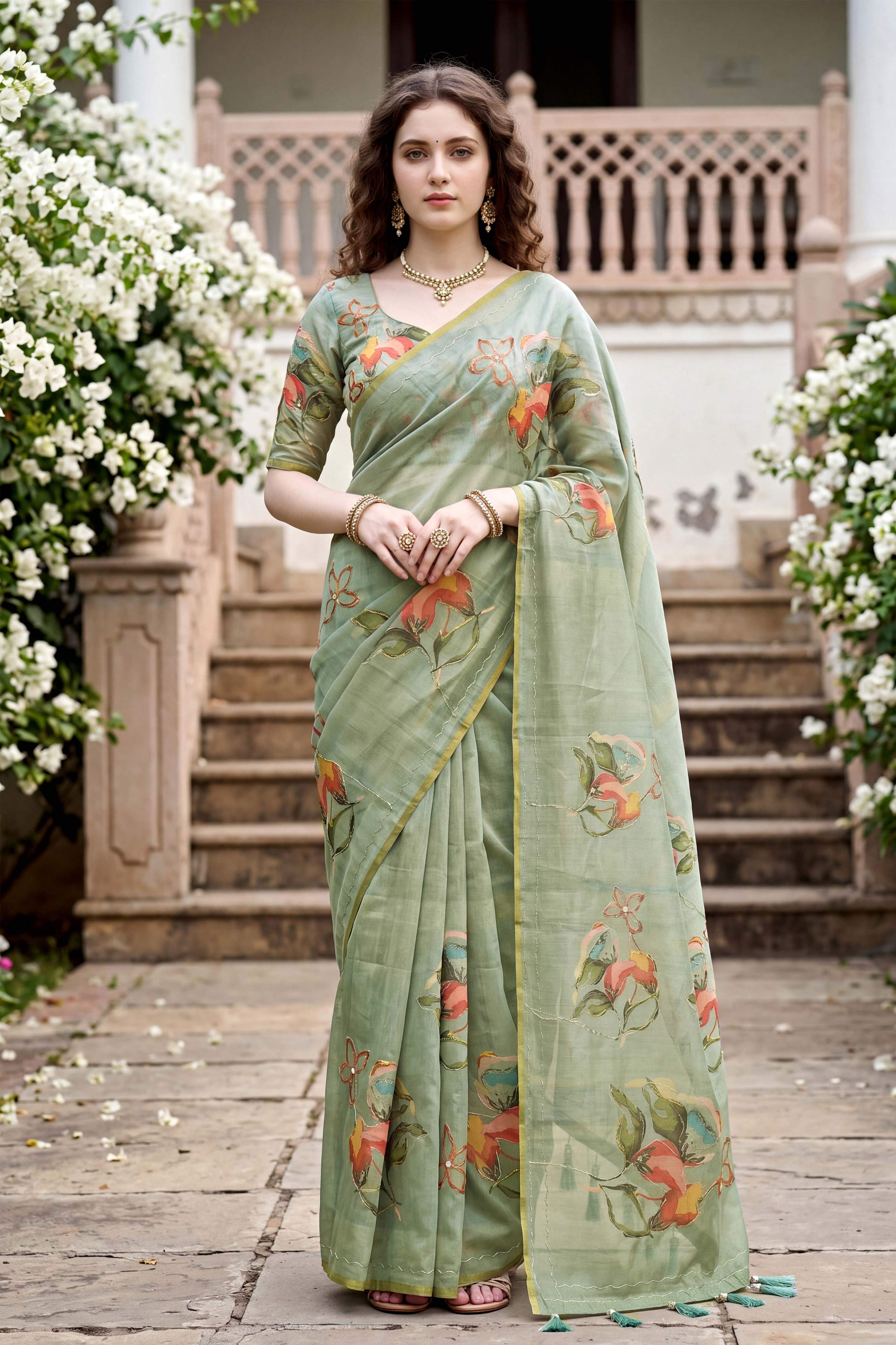 Sangam Prints Green Cotton Print Woven Work Traditional Saree - Dista