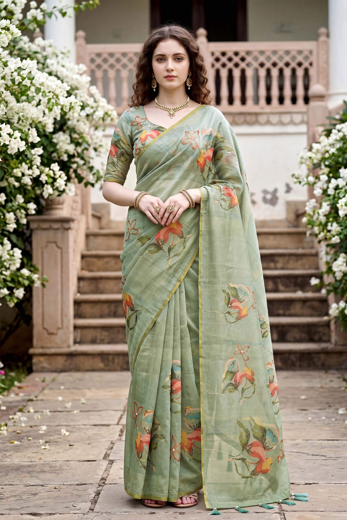 Sangam Prints Green Cotton Print Woven Work Traditional Saree - Dista