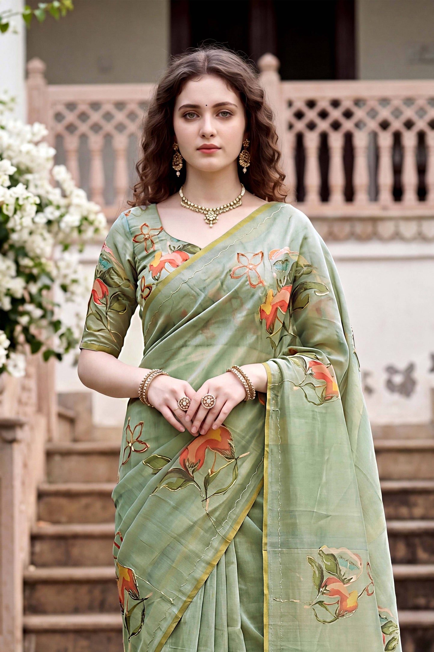 Sangam Prints Green Cotton Print Woven Work Traditional Saree - Dista