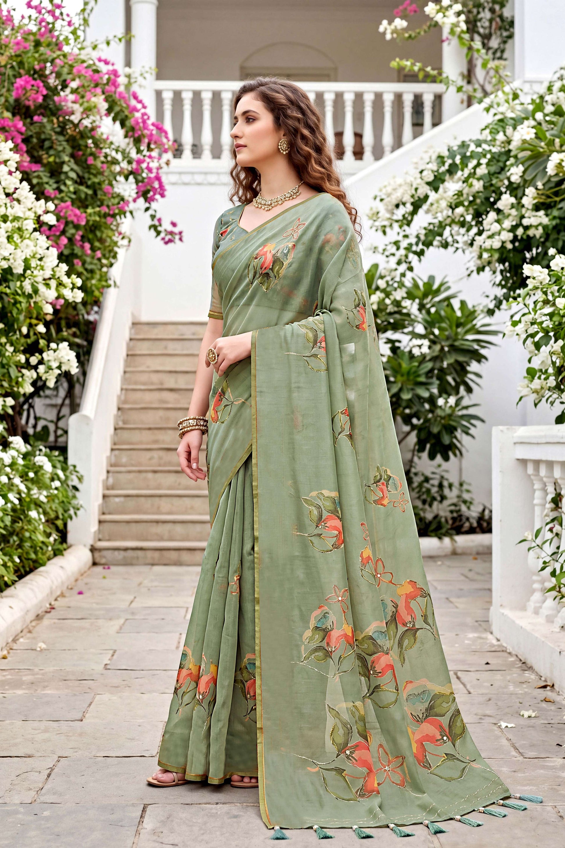 Sangam Prints Green Cotton Print Woven Work Traditional Saree - Dista